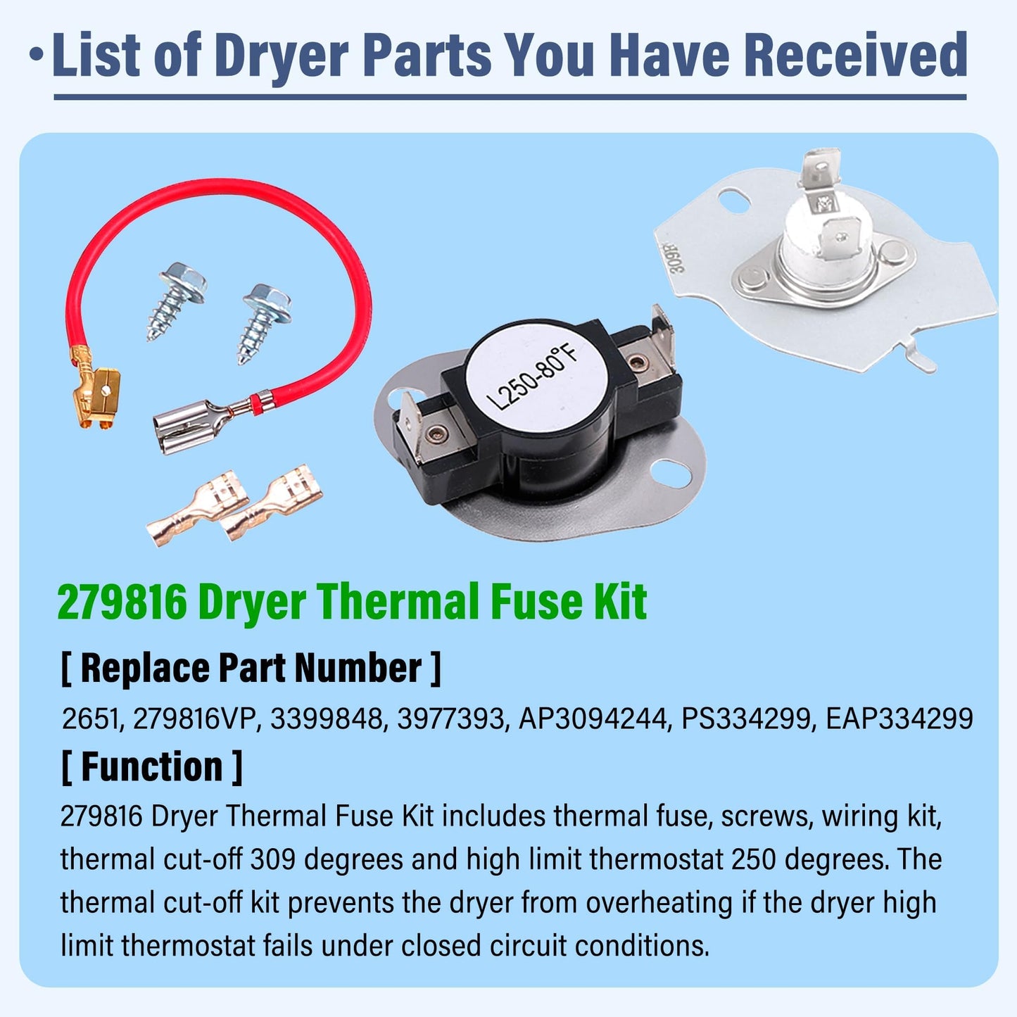 Dryer Heating Element Kit fit for May-tag Bravos 400 2000 3000 5000 9000 Series MED3000BW0 MED3500FW0 MED4000BW0 MED4200BG0 MED4200BW0 MED5100DC1 MED5100DW1 MED5500FC0 MED5500FW0 MED6000AG0 MED6000AW0