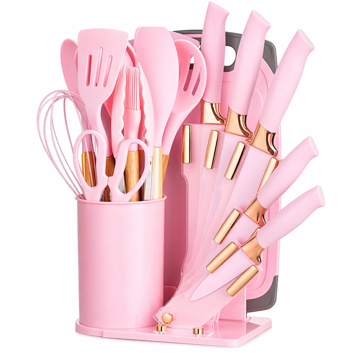 19-Piece Pink Kitchen Utensils Set with Knife Set & Cutting Board - Silicone Cooking Utensils with Wooden Handles, Rose Gold Accents, Scissors, Whisk & Tongs - BPA-Free Pink Kitchen Gift Set