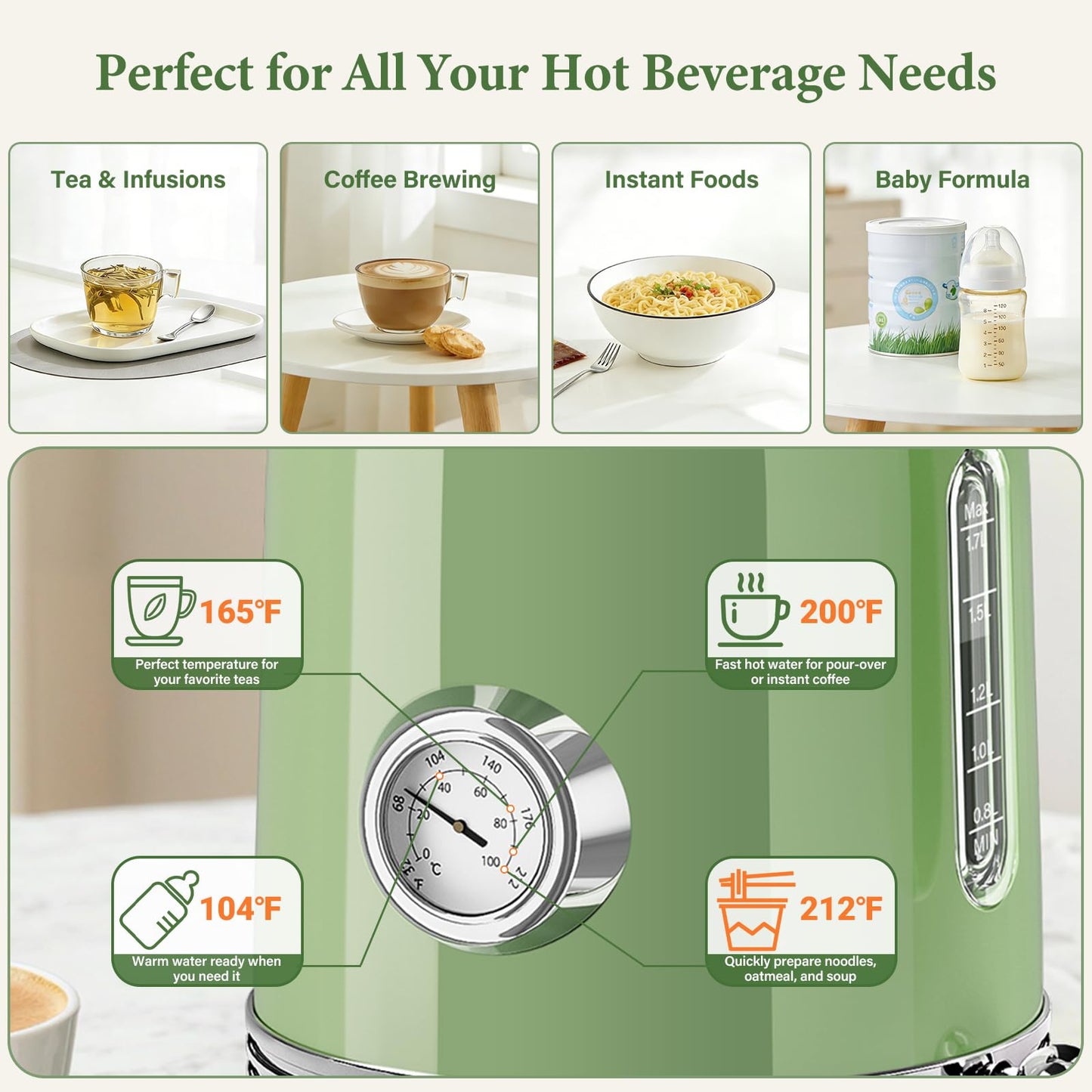BlissWhisper 1.7L Electric Tea Kettle with Thermometer, 1500W Retro Stainless Steel Hot Water Kettle,Fast Boil Cordless Electric Kettle,Auto Shut-Off & Boil-Dry Protection