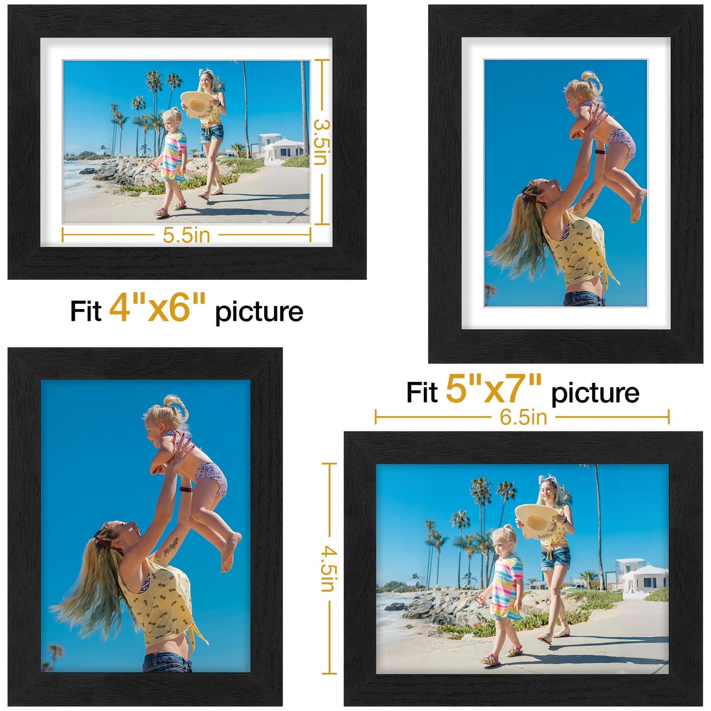 Vittanly 5x7 Picture Frames Set of 12, Display 4x6 Pictures with Mat or 5x7 without Mat, Engineered Wood with Shatter Resistant Plexiglass, Wall or Tabletop Photo Frames, Black