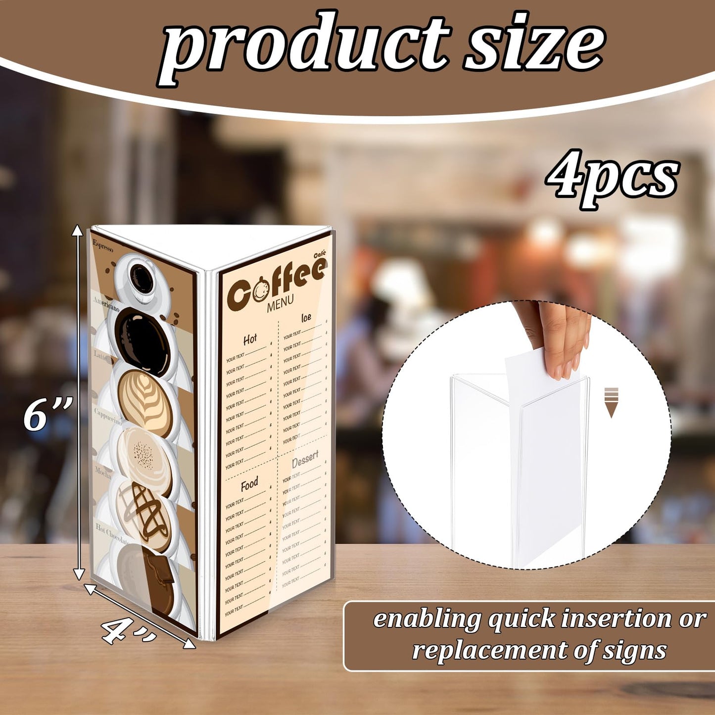 LemonSecret 4 Pack Acrylic Table Tent Sign Holder, Clear Three Sided Display Stand for Menu Flyer Promotion, Countertop Desktop Use in Restaurant Retail Office (4 x 6 Inch)