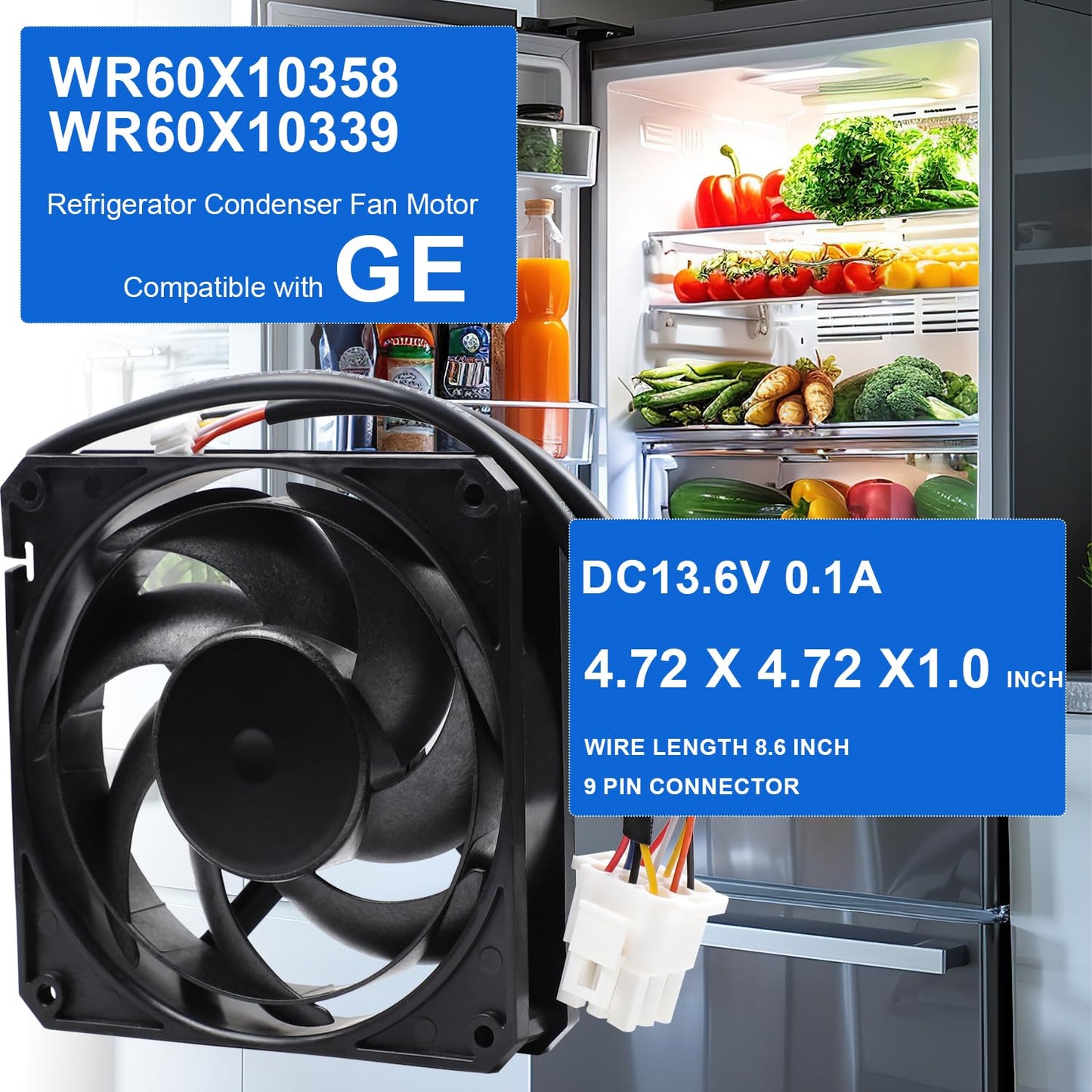 WR60X10358 WR60X10339 Refrigerator Condenser Fan Motor Compatible with GE CFE28TSHBSS CFE28TSHCSS CFE29TSDASS CFE29TSDBSS CFE29TSDCSS Replaces EAP8690738 PS8690738 239D1306P002 D1225X148XCPB47