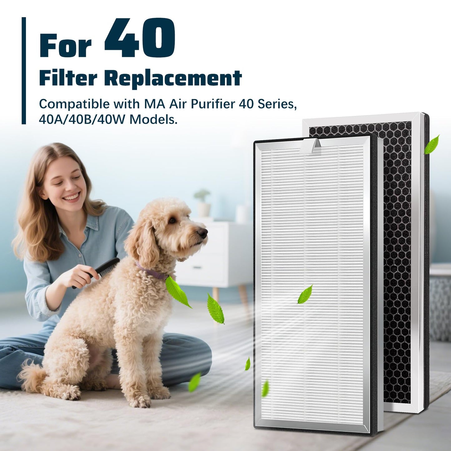 2-Pack MA-40 Replacement Filter Compatible with MA Air Purifier 40 Series, 3-in-1 H13 True HEPA Filter, Pre-Filter and Activated Carbon for MA40W MA40B