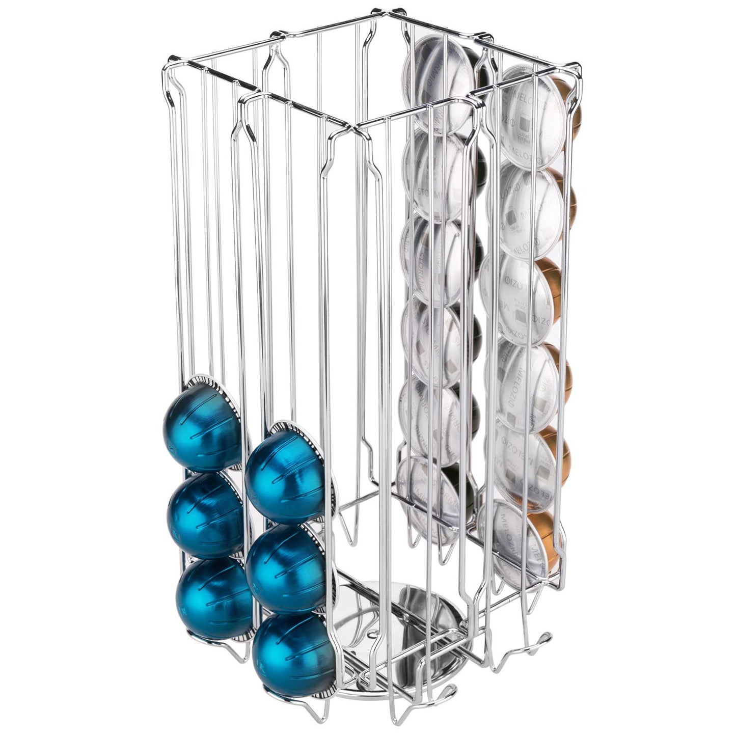 MyGift 48 Pod Stainless Steel Silver Metal Coffee Pod Holder Storage Organizer Stand with 360 Degree Rotating Carousel with Sleeve Storage Compartment, Compatible with Nespresso Vertuo Capsule