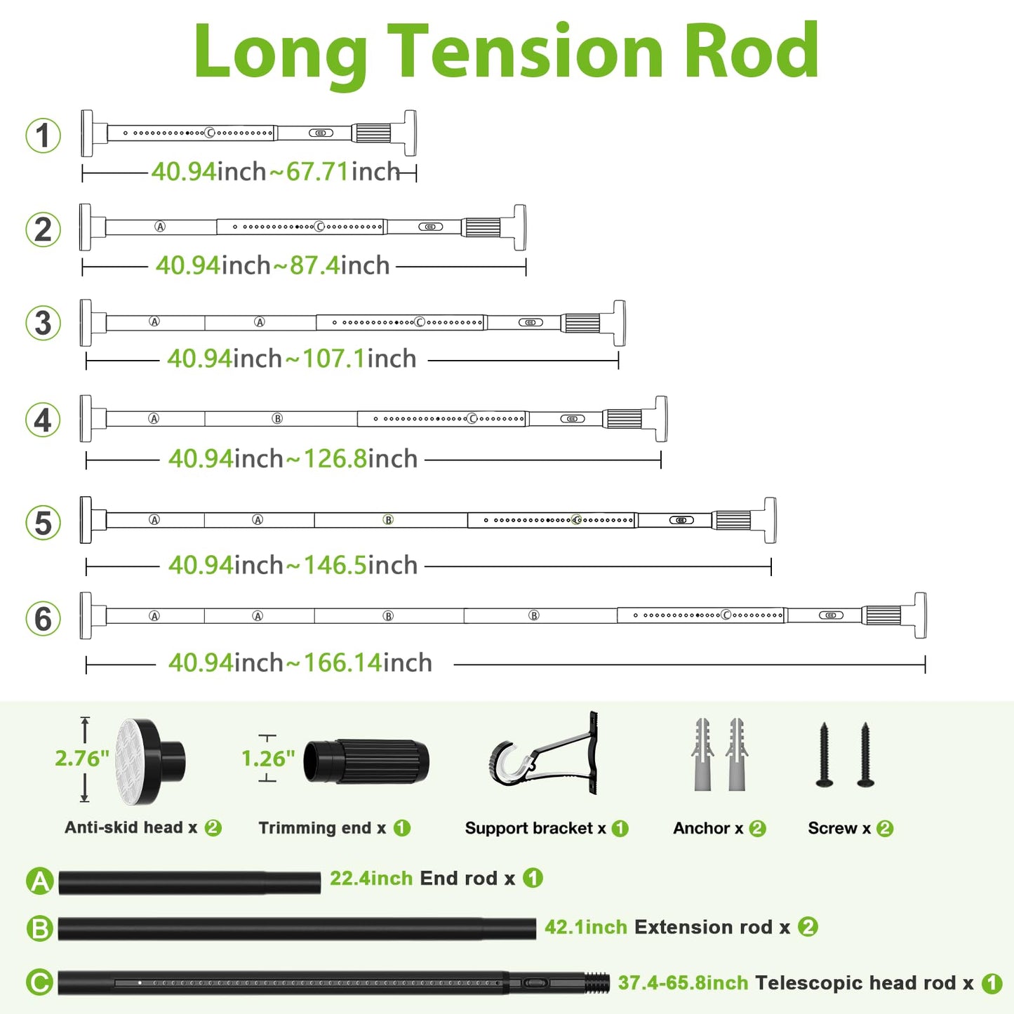 Extra Long Tension Rod 41-165inch Heavy Duty Tension Curtain Rods no Drilling Outdoor Curtain Rod for Patio,Windows,Shower,Doorway,Spring Rods Diameter 1.26inch Black