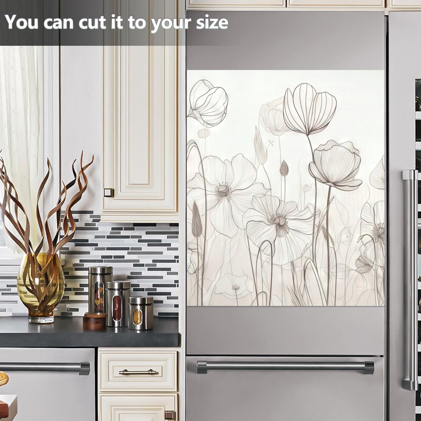 Vnurnrn Dishwasher Magnet Cover Line Drawn Flowers Print, Dish Washer Cover for Kitchen Decor, Easily Trimmable Dishwasher Sticker Refrigerator Magnetic Cover 23×26 in
