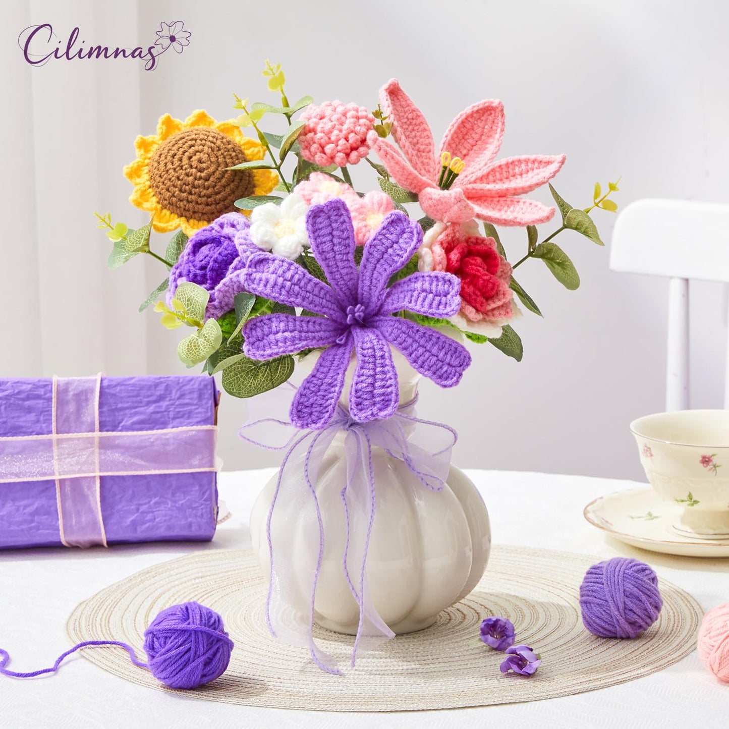 Cilimnas Crochet Flower Bouquet,Pink&Purple Knitted Flowers, Handmade Lily Sunflowers Roses Bouquet for Birthday Anniversary Party Mother's Day Graduation Gifts