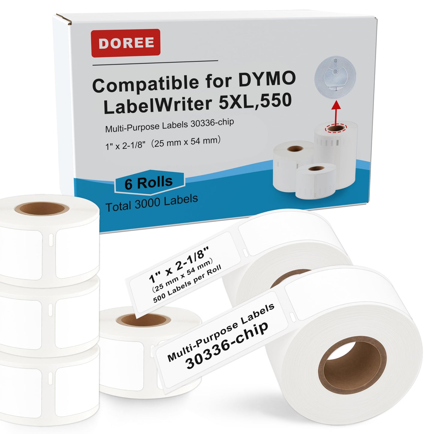 DOREE 6-Roll 1" x 2-1/8" Multi-Purpose Labels 30336 S0722520 with chip Compatible with Dymo LabelWriter 5XL,550,500,4XL, 450,450 Duo (Thermal Labels, White, 1" x 2-1/8", 6 Rolls Total 3000)