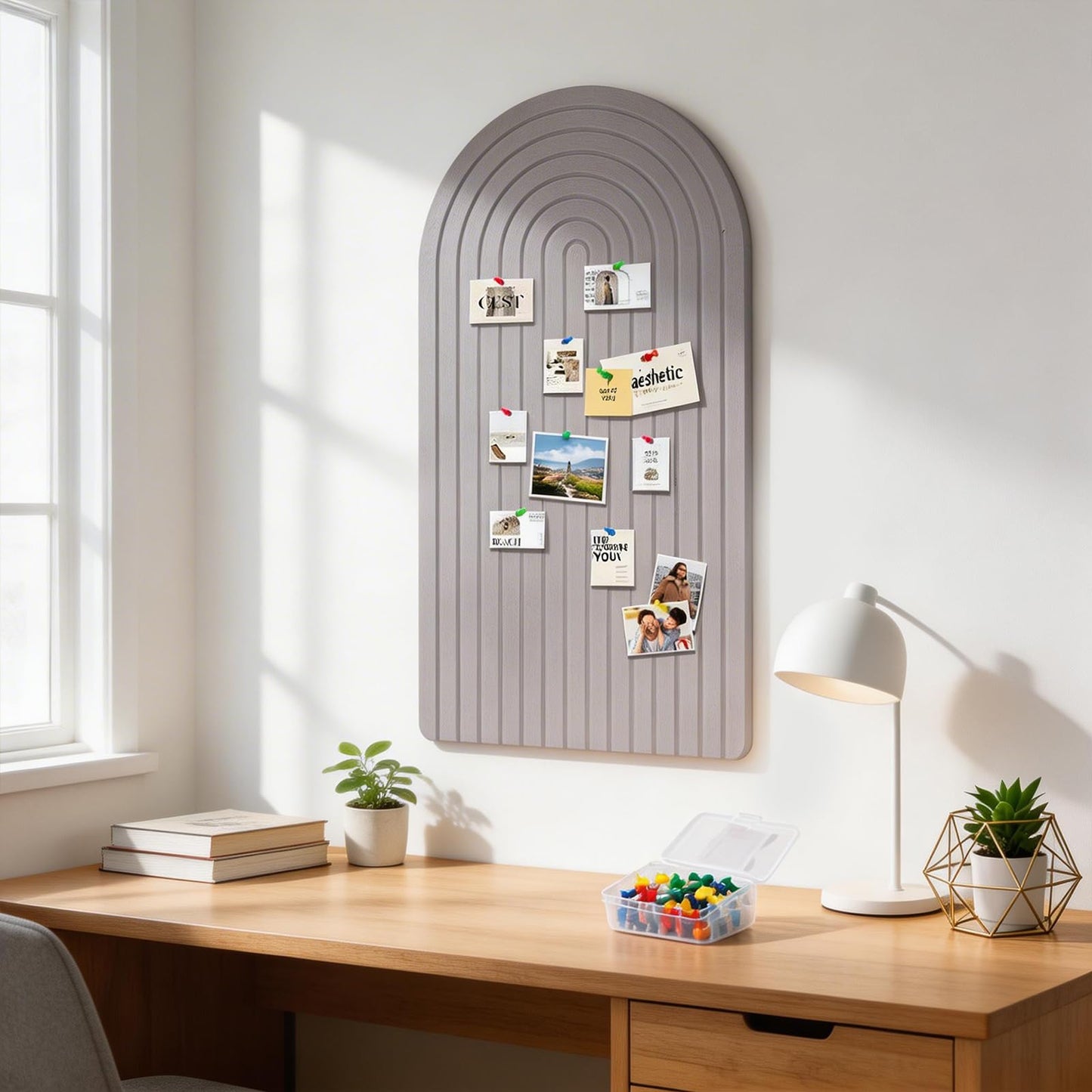 Large Felt Notice Board 47"x24" Arch-Shaped Push Pin Board with 35 Pushpins Cork Board Alternative Self-Adhesive Photo Panels for Office, Bedroom, Living Room, Photo Decorative Board