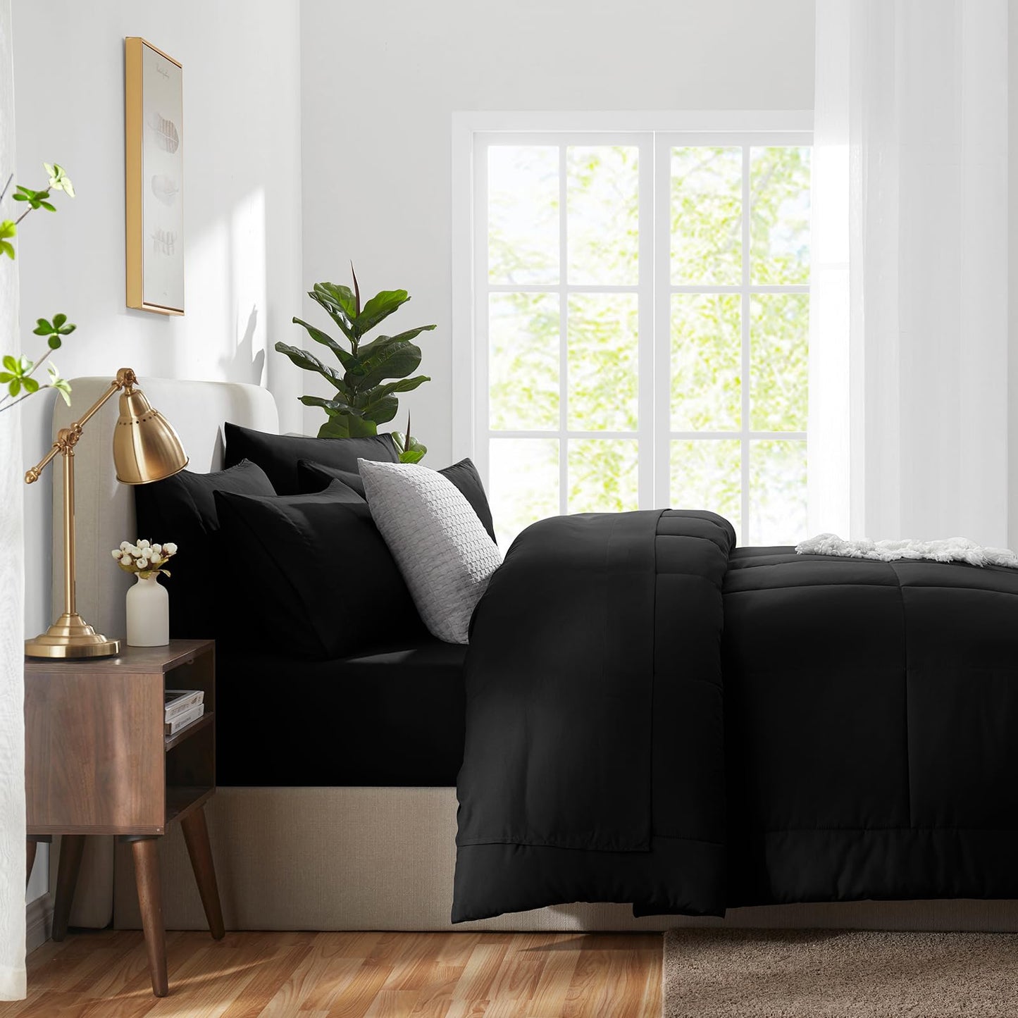 CozyLux Full Size Comforter Sets Black, 7 Pieces Bed in a Bag, Black Comforter Full Size, All Season Bedding Sets with Stitch Quilted Comforter, Flat Sheet, Fitted Sheet, Pillowcases