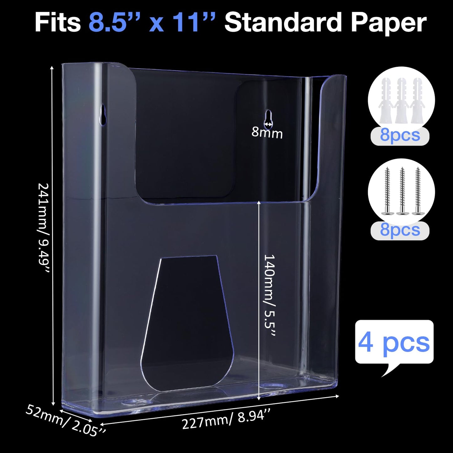 Ripeng 4 Pcs Brochure Holder 8.5 x 11 Inch Wall Mount Flyer Holder Acrylic Literature Clear Magazine Wall Display Hanging Envelope Display for Pamphlet File Home Office Supplies