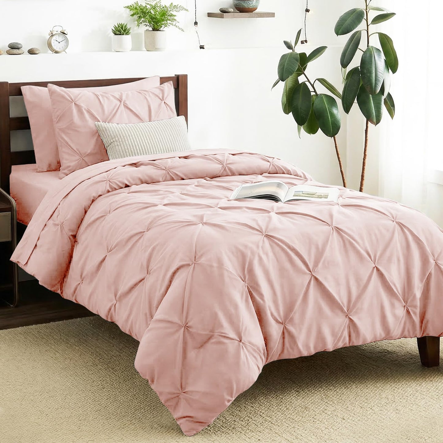 CozyLux Twin Comforter Set with Sheets Peach Pink, 5 Pieces Pintuck Bed in A Bag, All Season Bed Set Gift for Girls and Boys, Pinch Pleat Bedding Set with Comforter, Sheets, Pillowcase & Sham