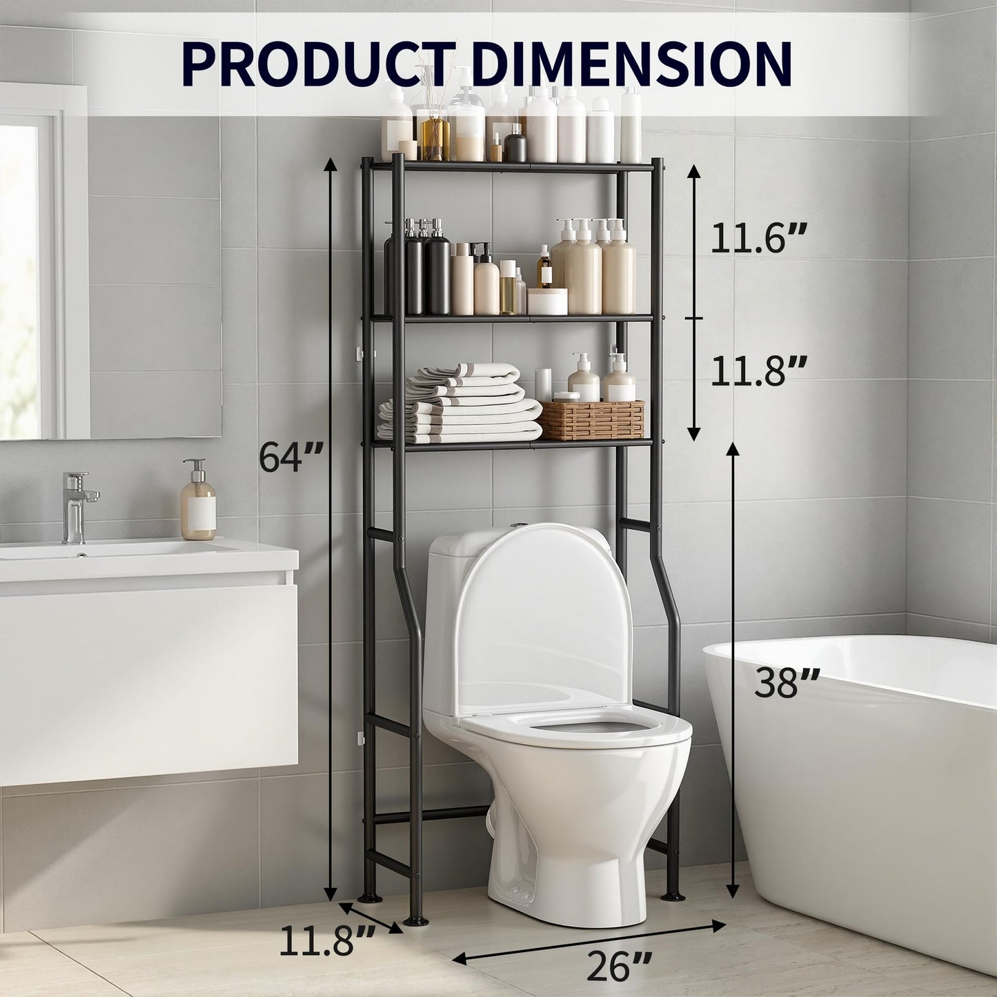 ASCENREST 3-Tier Over The Toilet Storage, Freestanding Metal Bathroom Shelves, Space Saver Above The Over Toilet Storage Shelf for Bathroom (Black)