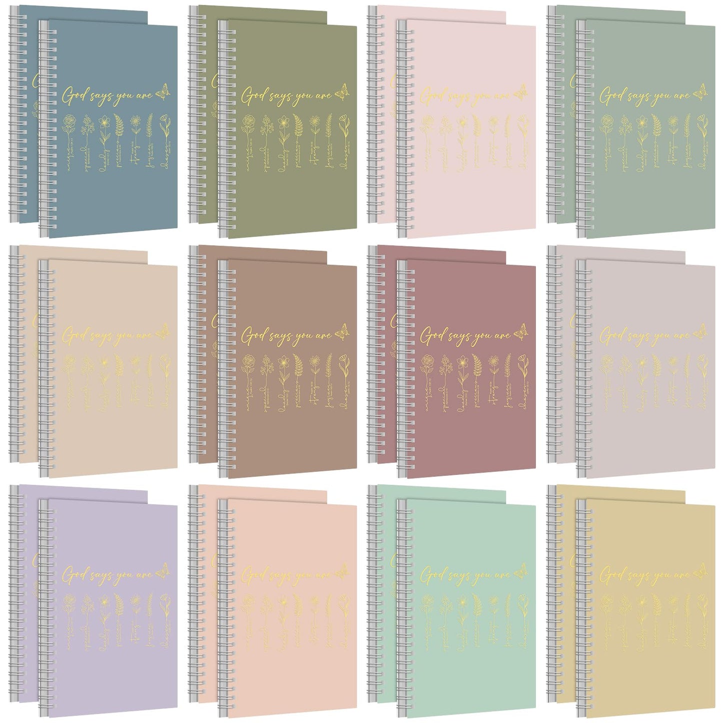 MotiMind 24 Pcs Floral Christian Spiral Notebook Set Christian Gifts for Women God Says You Are Bible Verse Inspirational Prayer Journal with Gold Foil Cover for Church 5.5" x 8.3" (Morandi)