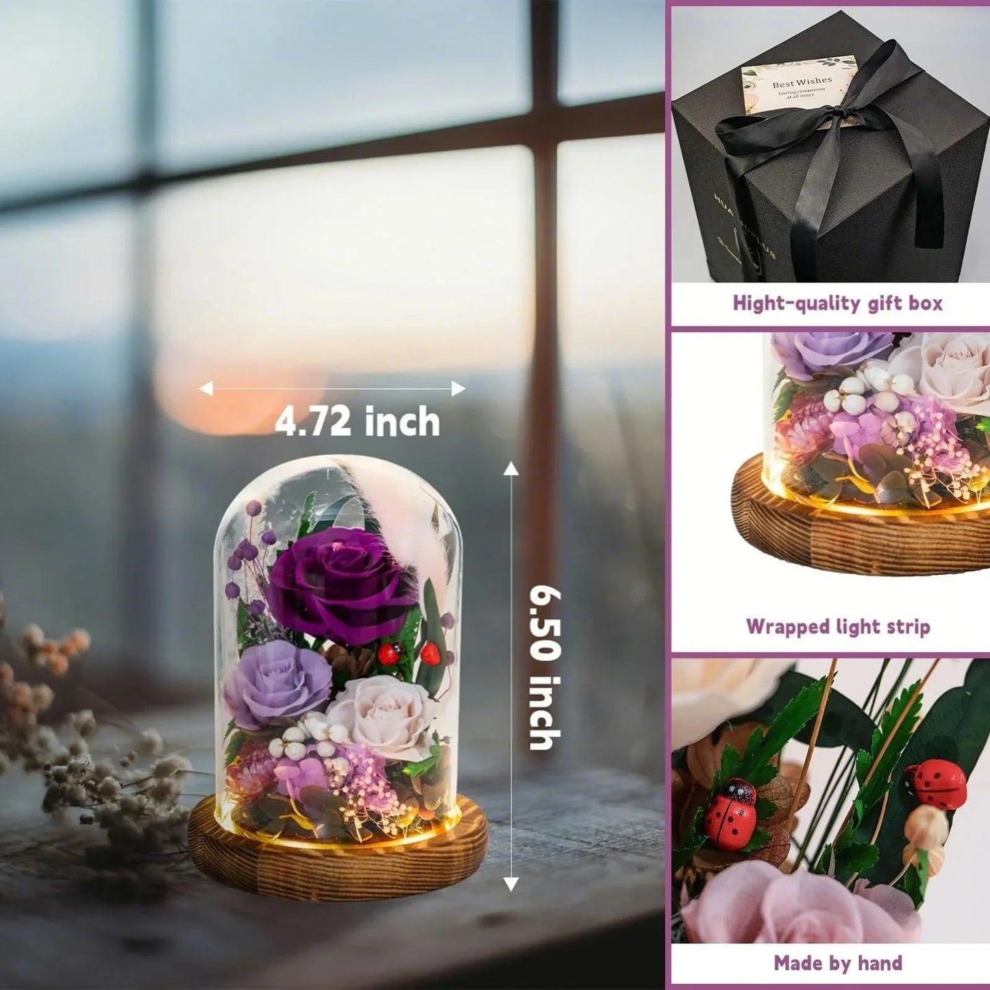 HUACHIPLUS Forever Flower Gifts for MOM:Perfect Mothers Day Flowers for Mom Wife Grandma-Preserved Flower with Symbolic Ladybugs–Flowers for Delivery Prime on Anniversary Birthday (Purple)