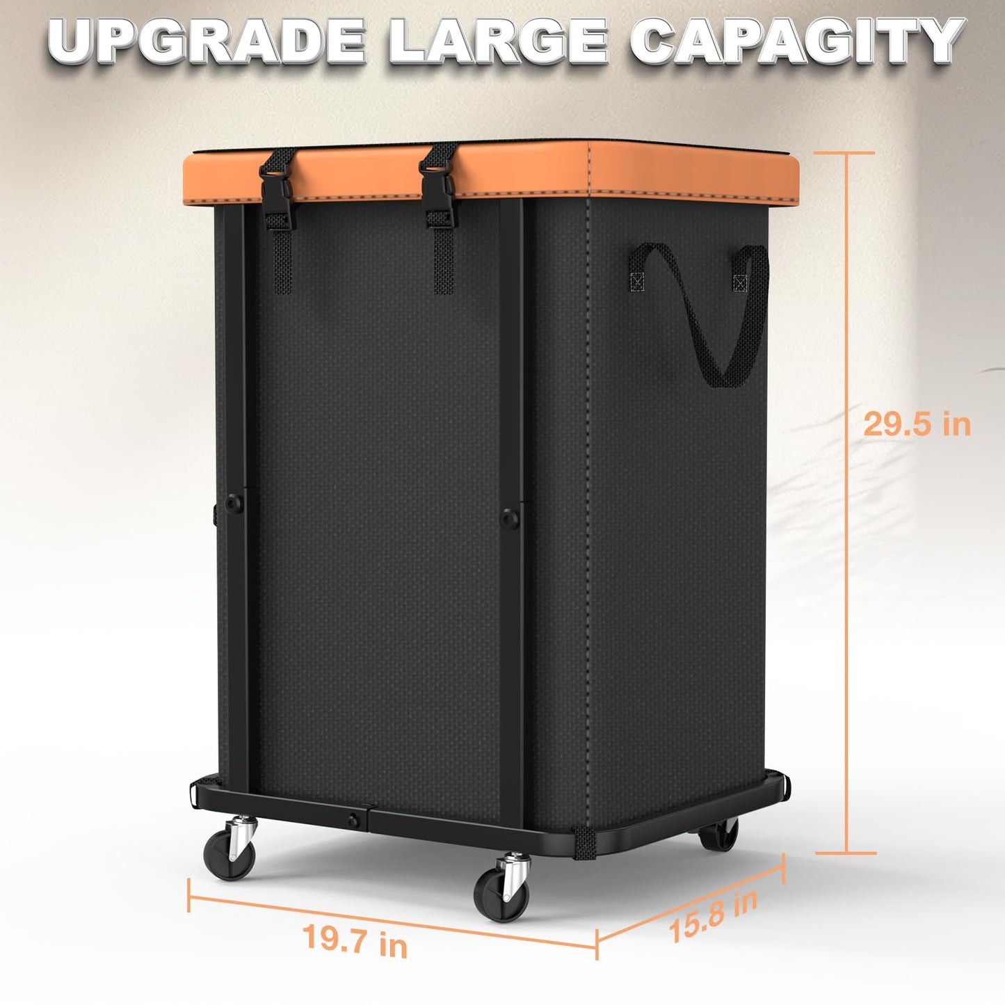 150L (40 Gal) Large Fashion Laundry Basket with Wheels, Leather Patchwork Rolling Hamper Carts, Sturdy Metal Frame, Removable Washable Bag, Tall Clothes Sorter for Bedroom, Laundry Room - Black