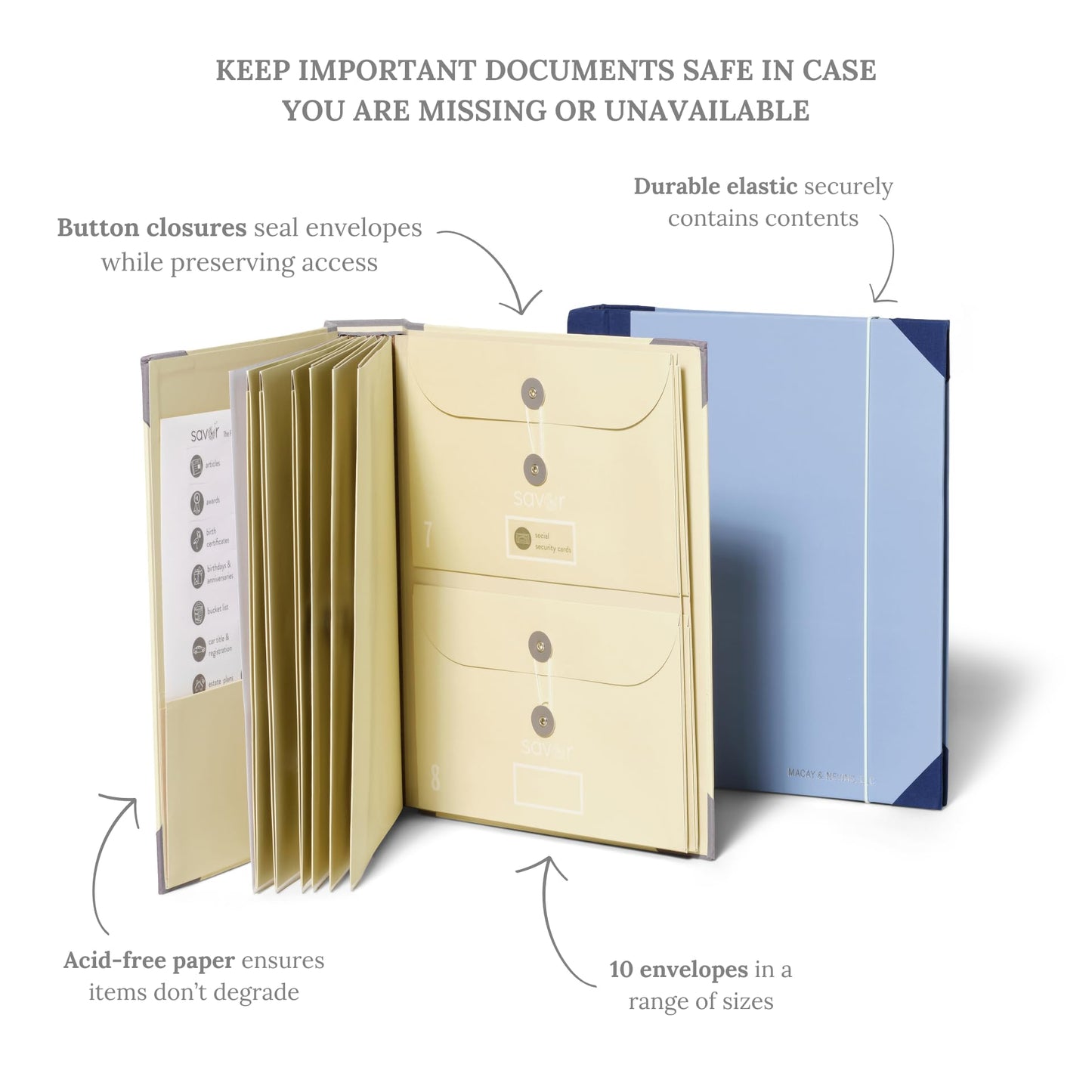 The Folio® Important Document Organizer by Savor | Binder with Guided Labels, Acid-Free File Folder Organizer with 10 Pockets, Document Holder for Home Records, Legal and Medical Papers (Blue)