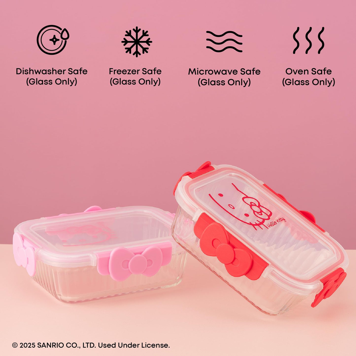 JoyJolt Sanrio Hello Kitty Fluted Glass Food Storage Containers with Lids, 2x Airtight Glass Storage Containers with Lids for Kitchen, Reusable Lunch Meal Prep Container, Cute Hello Kitty Gifts