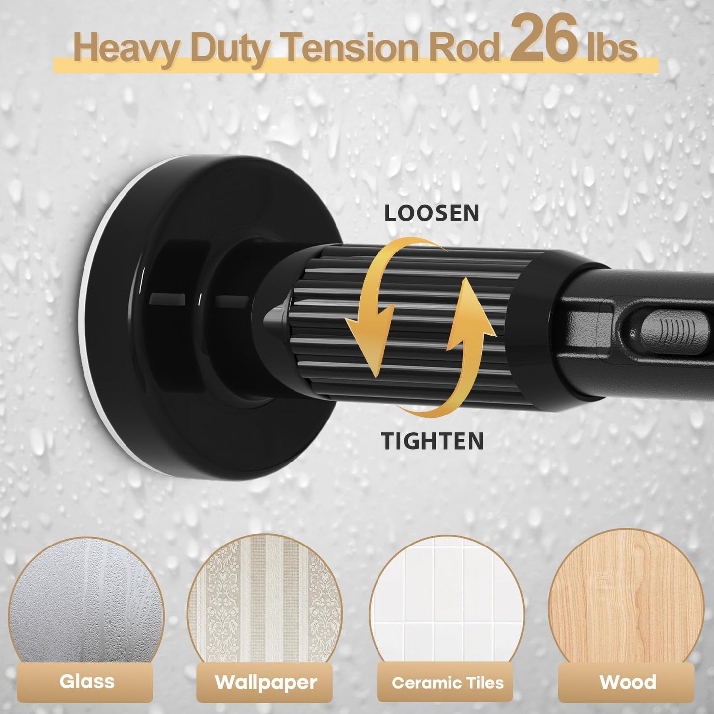 ZipGlo Black Tension Curtain Rod 41-126 In(4-10Ft), Long Curtain Rod No Drilling for Window or Bathroom,Outdoor Tension Rods for Patio, Heavy Duty Shower Rod,Rod Diameter 1.26In-One-bond stretching