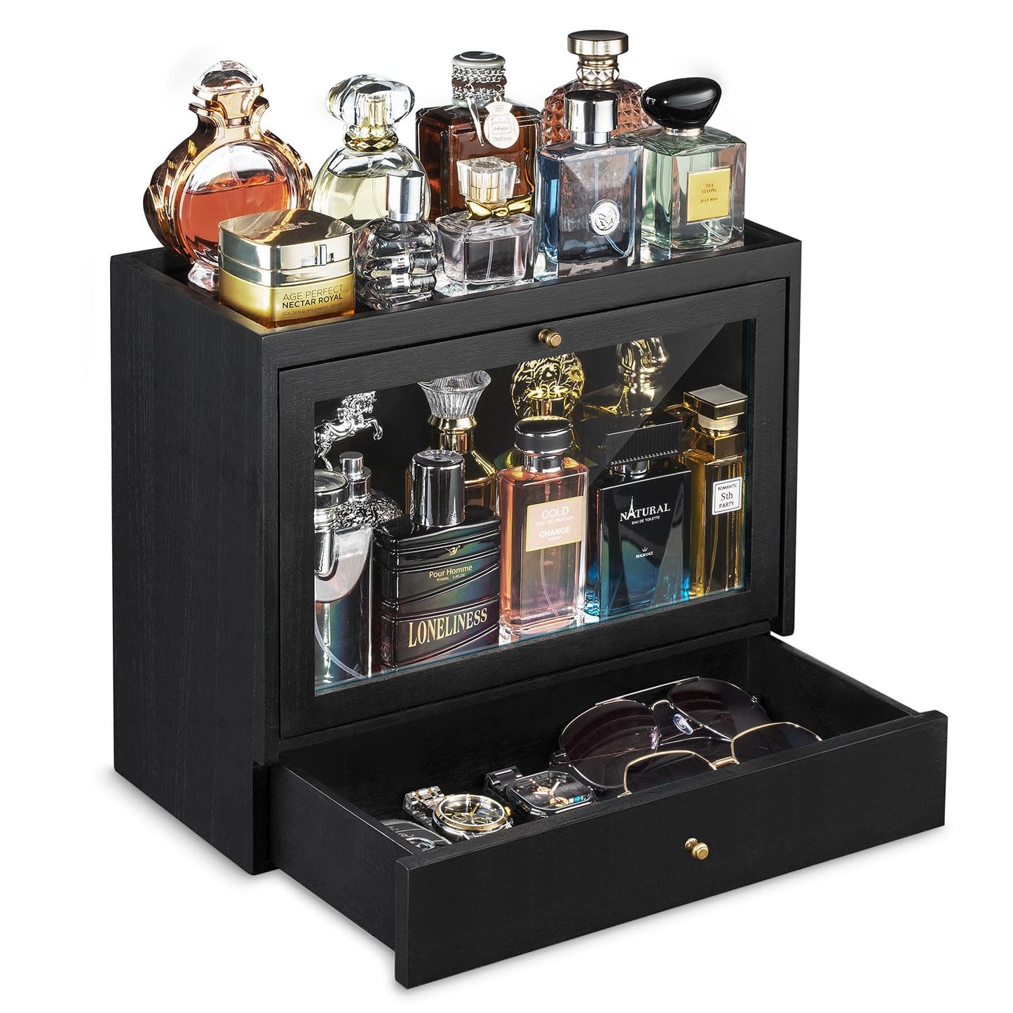Emfogo Cologne Organizer for Men, Solid Wood Perfumes Organizer for Men Dresser, Large Capacity Dustproof Cologne Holder with Drawer Storage Perfume Stand Organizer, Ideal Gift for Loved ones