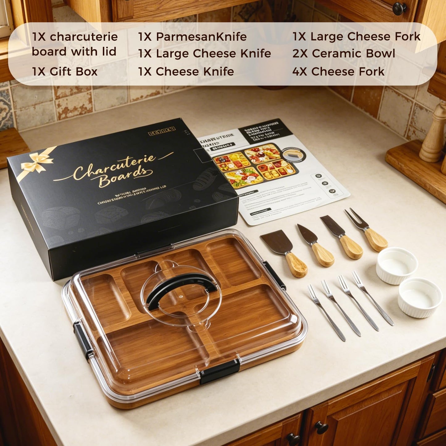 Renmxj Charcuterie Boards with Lid Gift Set, 2 in 1 Travel Portable Cheese Board with Knives Set, Carbonized Bamboo Charcuterie Tray, Housewarming Gifts New Home, Picnic, Wedding Gifts, Black Handle