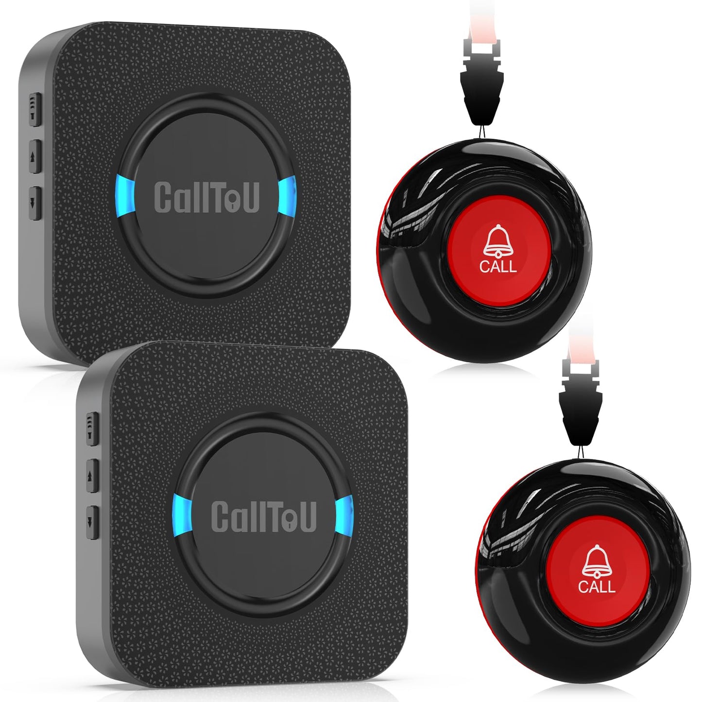 CallToU Caregiver Pager Wireless Call Bell Alert Button for Seniors/Elderly/Patients 2 Plugin Receiver 2 Waterproof Transmitter