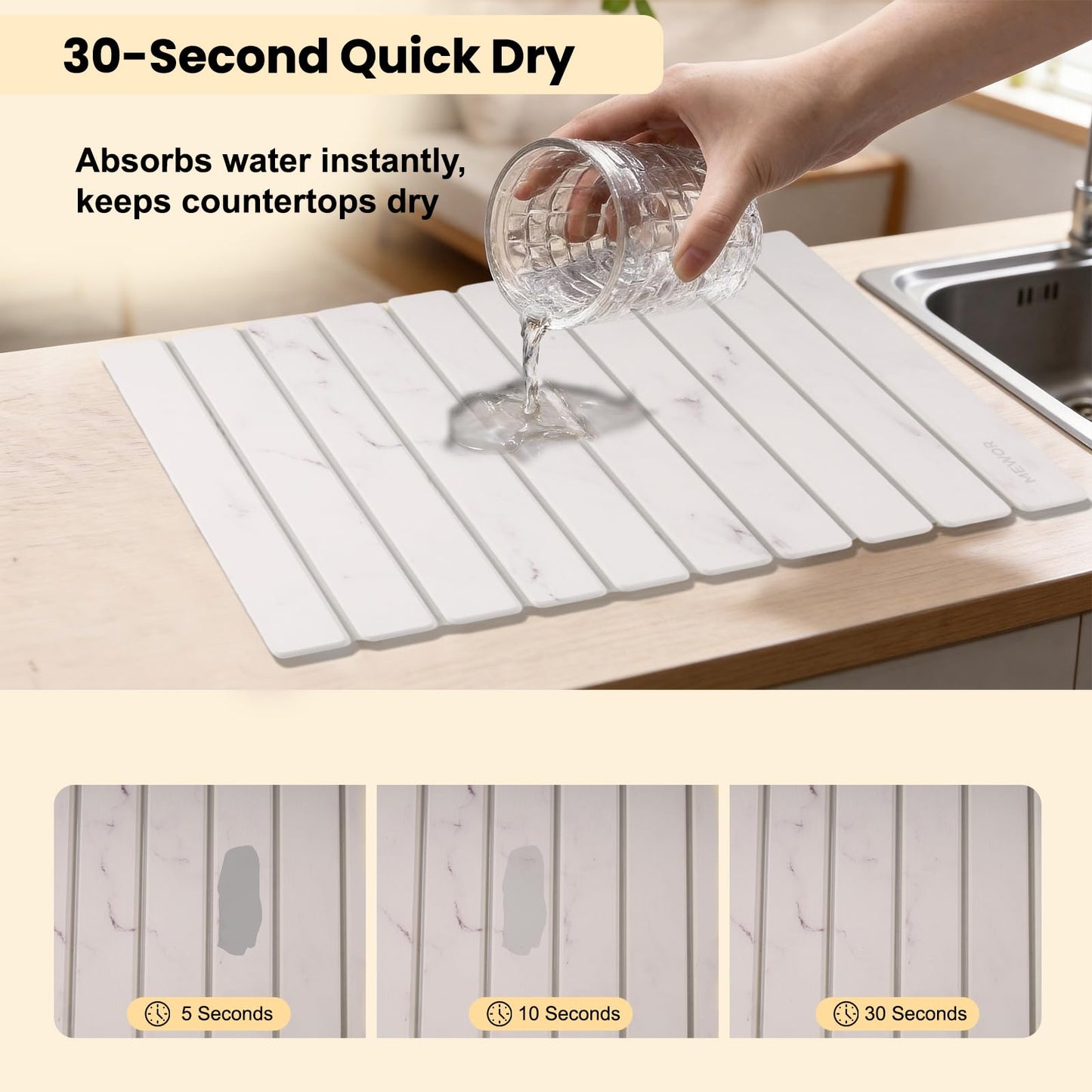 Stone Drying Mat for Kitchen Counter, 24"(L)×16"(W), Collapsible Quick Dry Stone Dishes Mats, Absorbent Diatomaceous Earth Mats for Kitchen, Bathroom