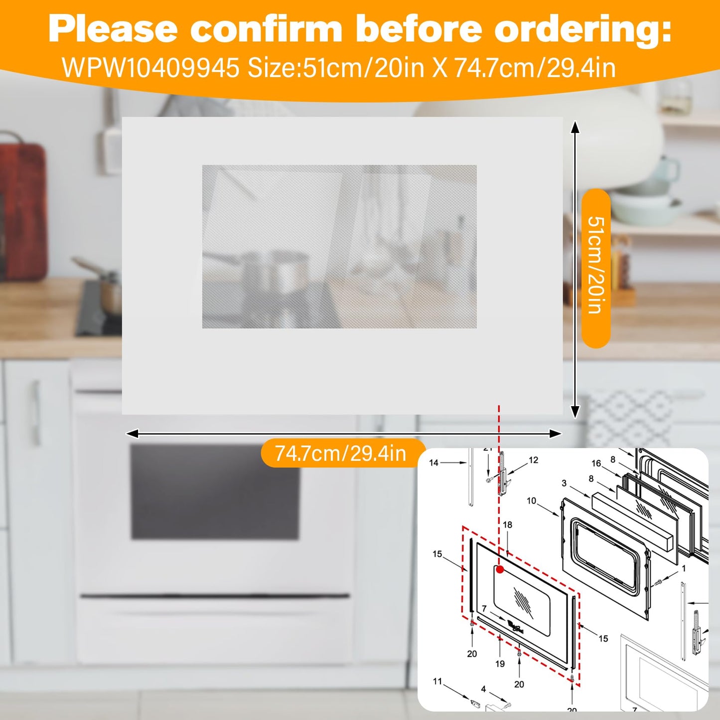 WPW10409945 Outer Oven Door Glass Compatible with Whirlpool Range Oven Outer Door Glass 29.4" x 20" Stove Door Panel Replacement W10409945 2210187 AP6021059 PS11754379 EAP11754379 PD00007553