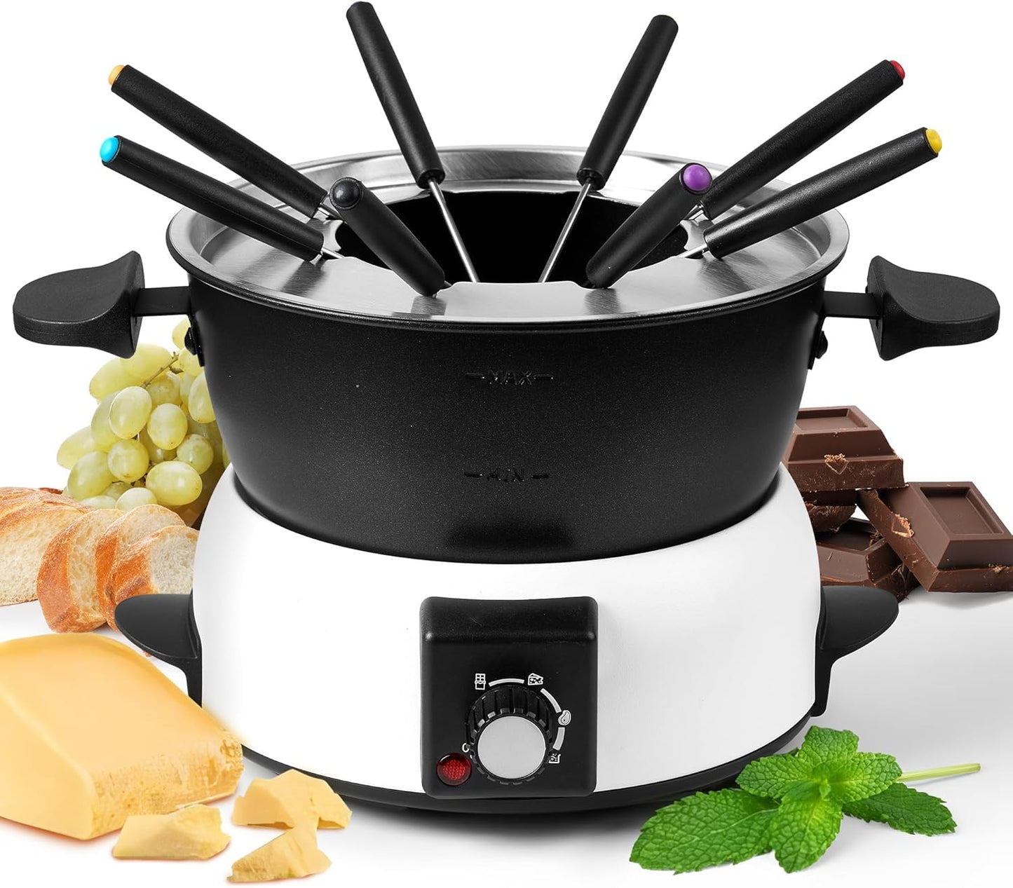 Saenchue 3-Quart Electric Fondue Pot Set – Stainless Steel Fondue Pot with 8 Color-Coded Forks, 3-Mode Adjustable Temperature Control for Cheese, Chocolate, Oil, and Hotpot, Model FD-10B