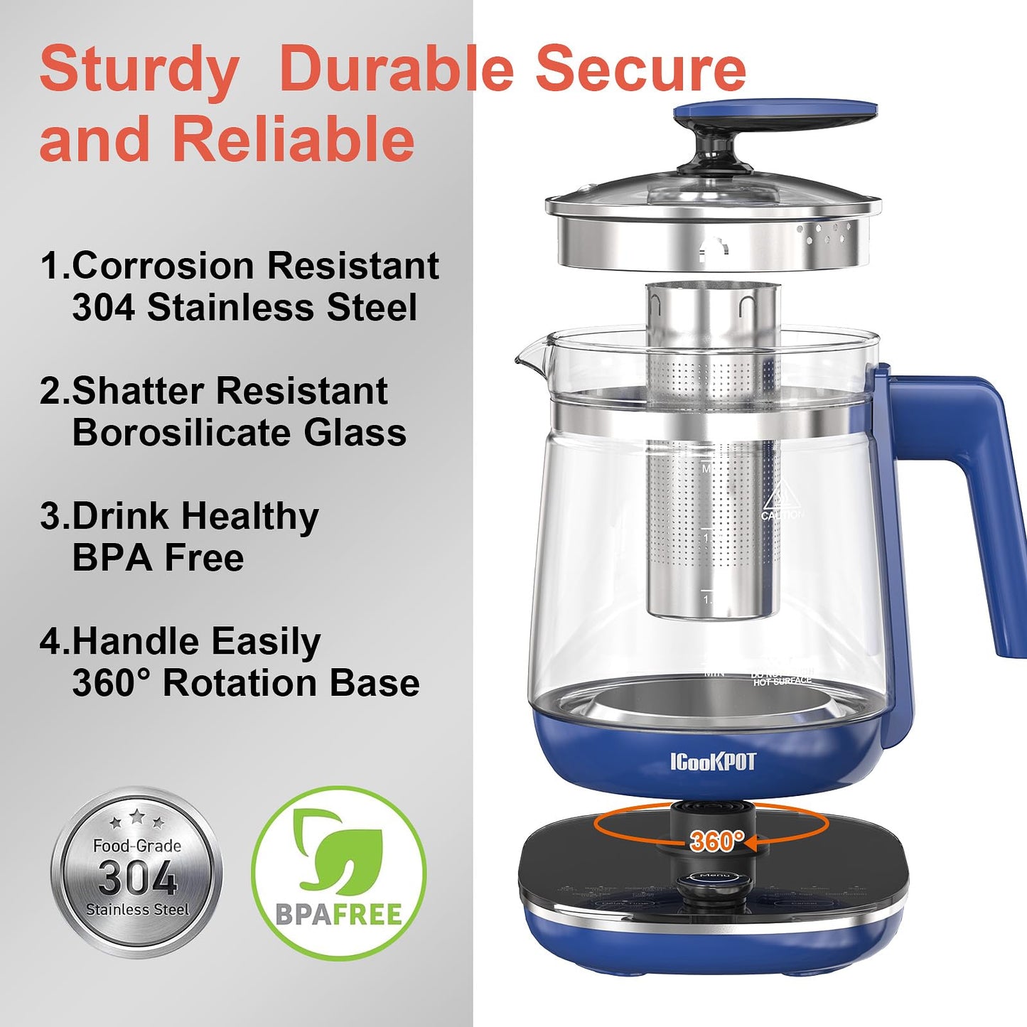 ICOOKPOT 1200w Electric Kettle, 1.5L Borosilicate Glass tea kettle, Hot water kettle electric for Coffee or Tea, BPA Free, Auto Shut-Off, Stainless Steel, Fast Boil, Blue