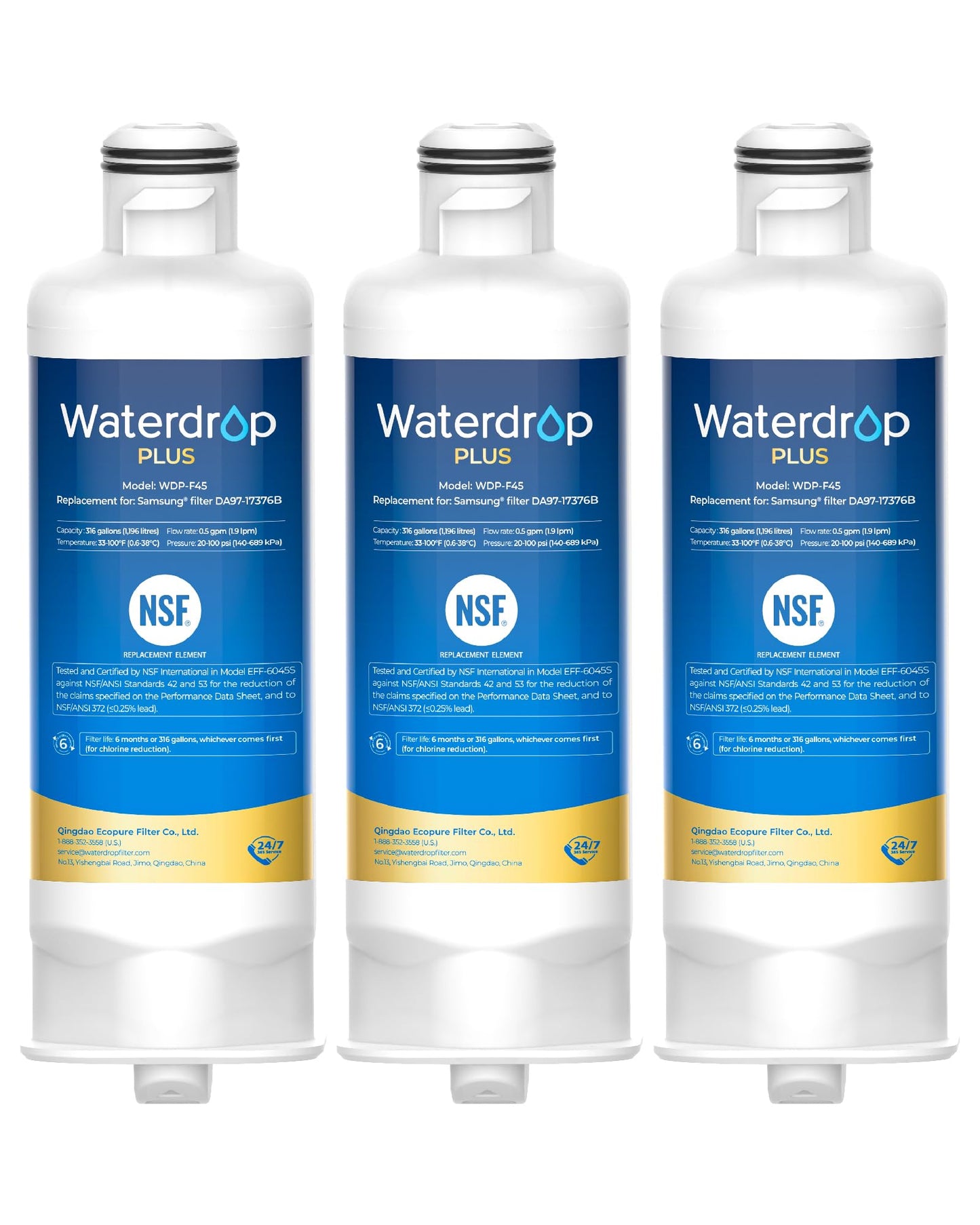 Waterdrop Plus WDP-F45 Refrigerator Water Filter, Replacement for Samsung® DA97-17376B, HAF-QIN/EXP, DA97-08006C, NSF/ANSI 401&53&42&372 Certified, 3 Filters (Packaging May Vary)