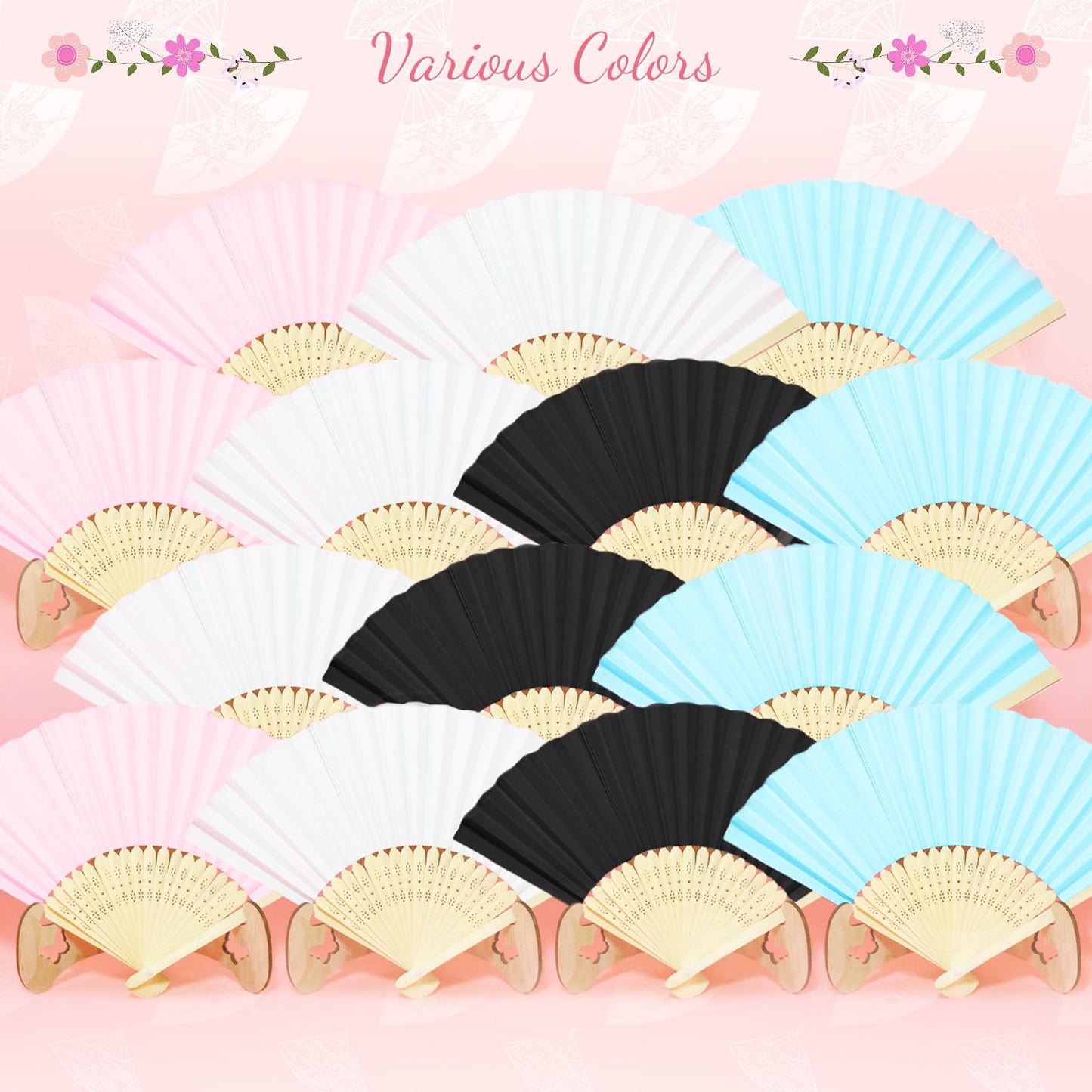 Grosun 50 Packs White Paper Fans Paper Hand Fan Bamboo Folding Fan Handheld Fan Paper Folded Fan Paper Fan for Wedding Party and Home Decoration