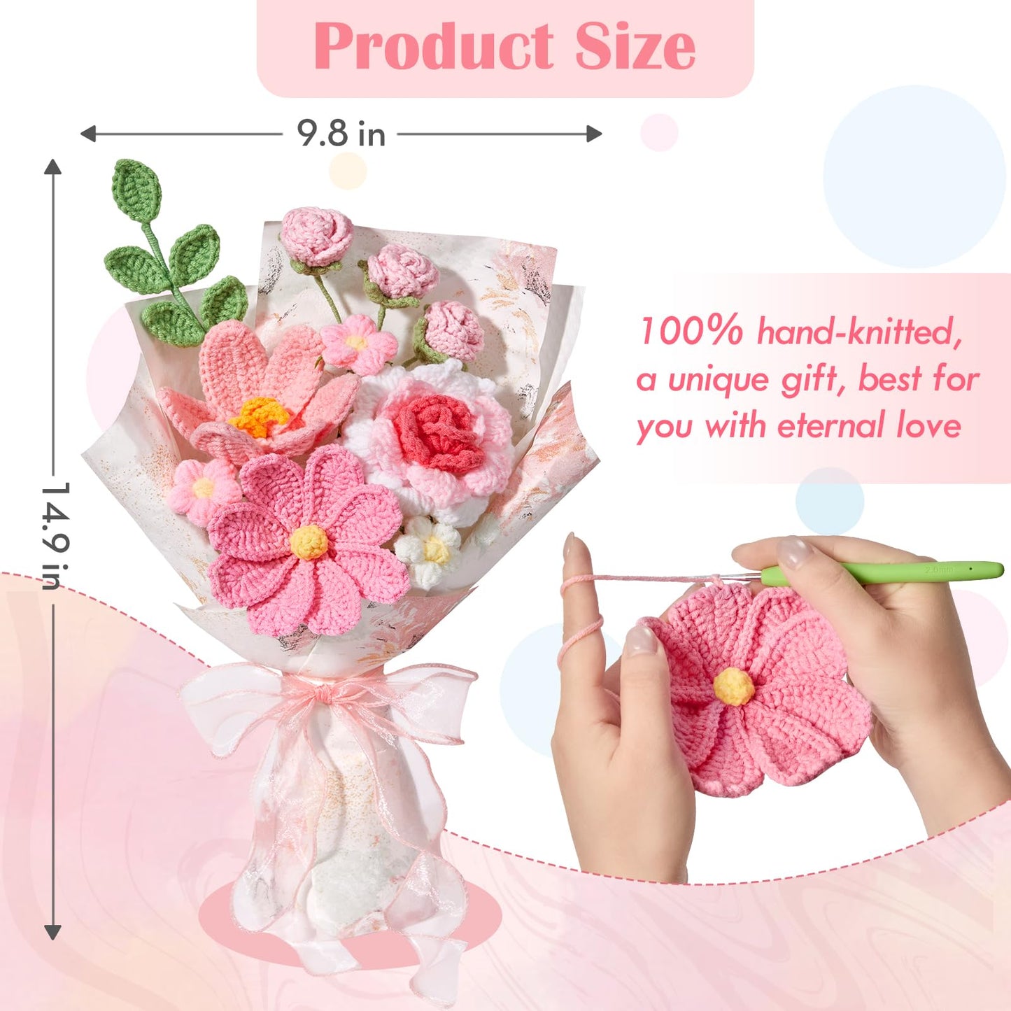 Serwalin Crochet Flower Bouquet, Pink Handmade Knitted Flowers, Crochet Tulips Galsang Flowers for Mother's Day Graduation Teacher Anniversary Birthday for Her, Girlfriend, Wife(Include Card)