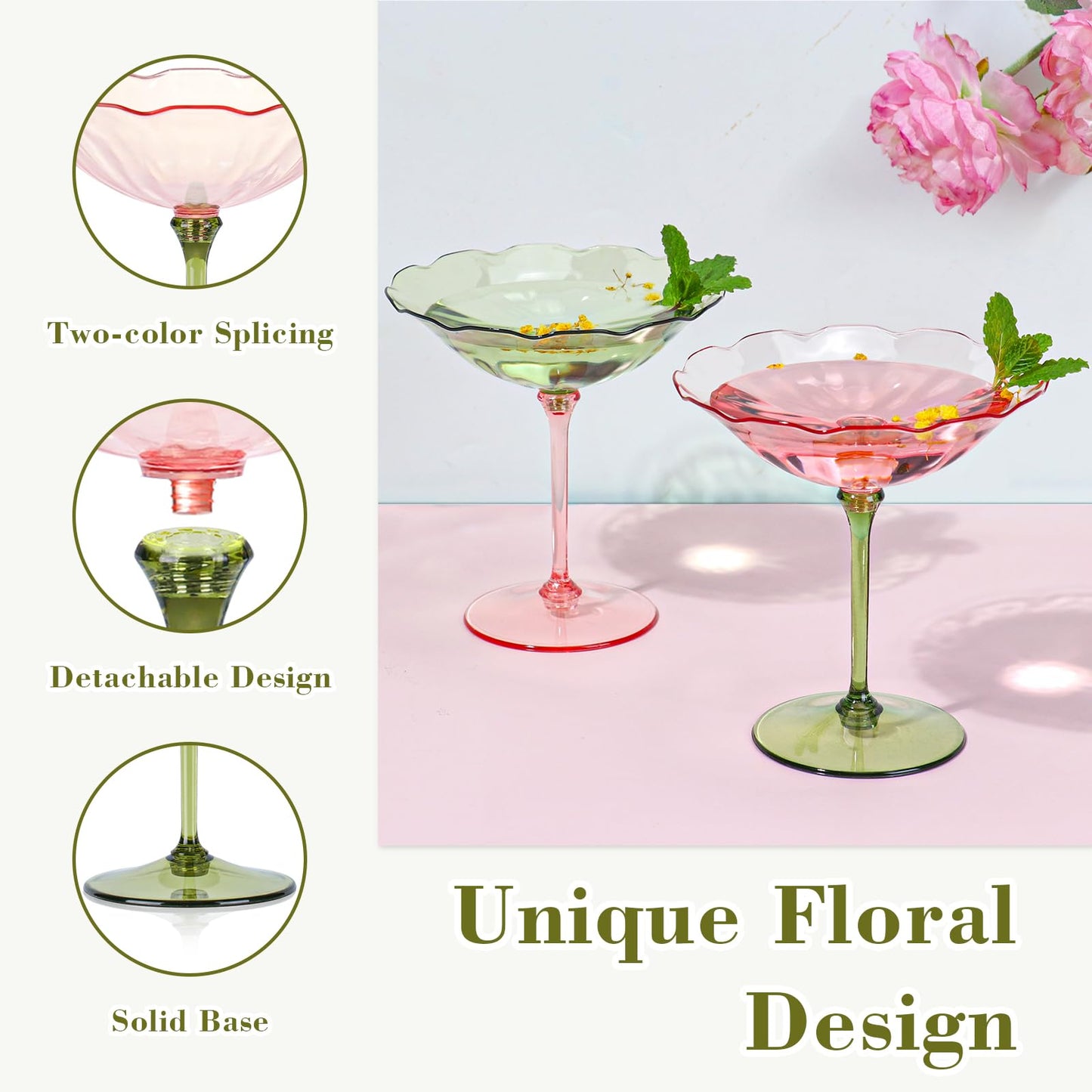 HKSZEH 24 Pcs Plastic Martini Glasses 7oz Flower Disposable Cocktail Coupe Glasses Pink and Green Martini Cup Vintage Detachable Dessert Parfait Glassware for Wedding Birthday Bachelorette Party