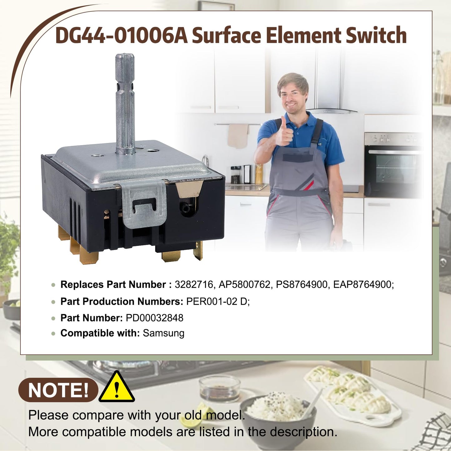 DG44-01006A Range Surface Element Switch DG44-01006A PER001-12 D Control Switch Replaces Parts: PER001-02 D, NE58F9500SS, 3282716, AP5800762, PS8764900, EAP8764900 Compatible with Samsung
