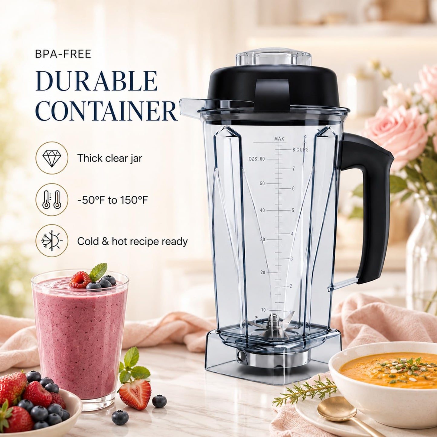 Nikkar Blender Pitcher 64oz Replacement Pitcher Compatible with 5200 6300 5000 VM0101 VM0102 VM0103 VM0197 6000 Classic/Explorian/Commercial Blender Cup