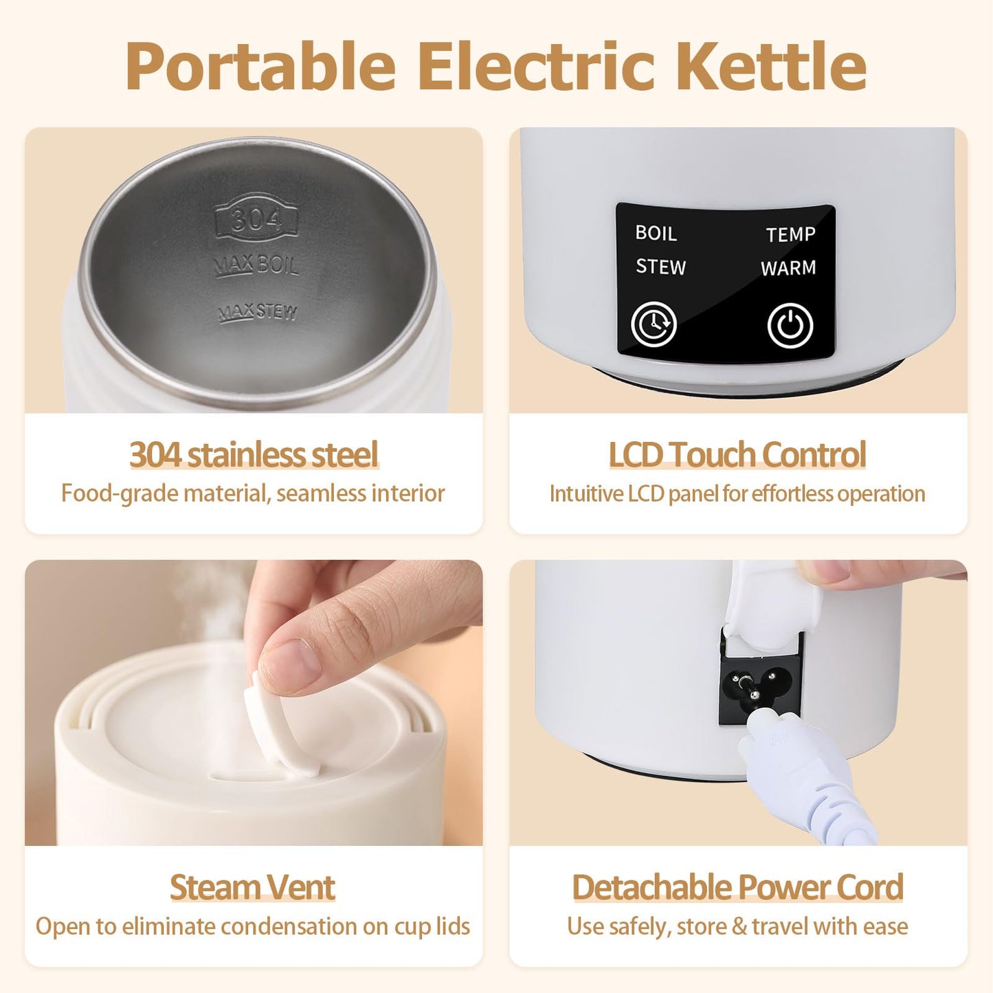 YOIDOO Travel Electric Kettle 800mL Portable Kettle with Automatic Shut Off & 9 Temperature Control for Hot Water/Tea/Coffee/Milk, 304 Stainless Steel Water Boiler