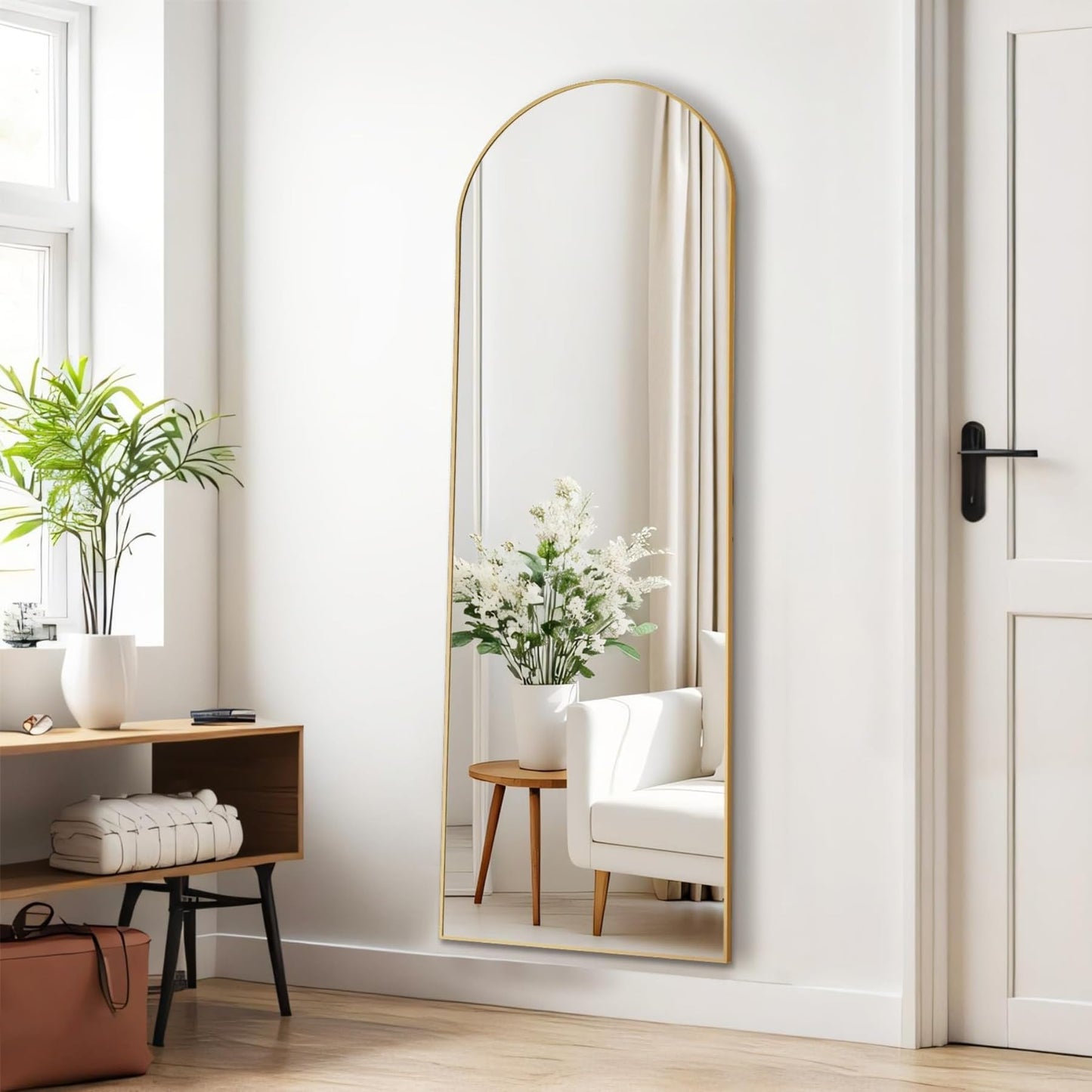 Aidoly Arched Mirror Full Length, Upgraded 16"x59" Body Wall Mirrors with Shatter-Proof Glass, Floor Standing, Hanging or Leaning, Tall Arch Mirror with Stand Aluminum Alloy Frame for Bedroom, Gold