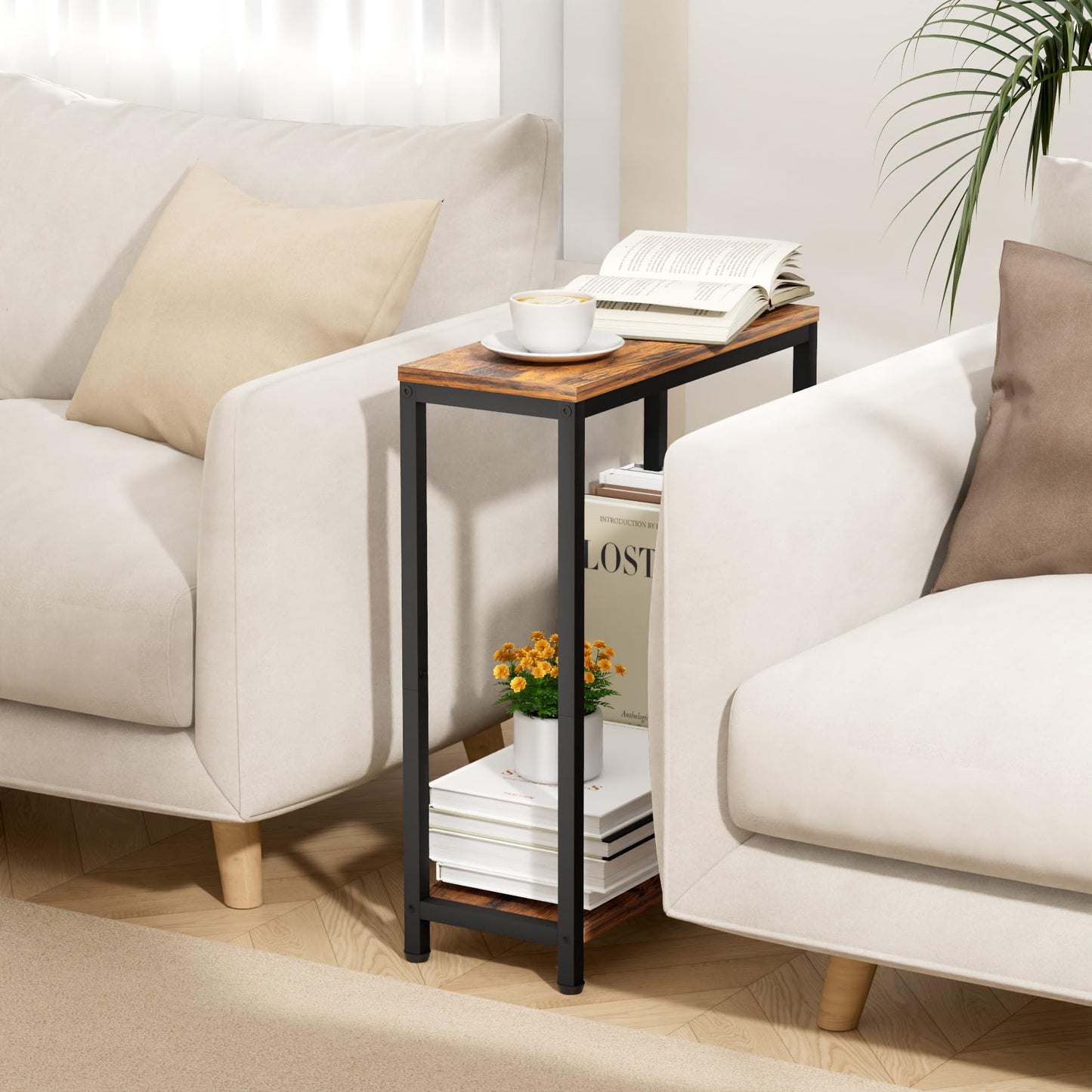 SLEEPING LAMB Narrow Small Side Table for Small Space, 2 Tier Sofa Skinny End Table for Living Room, Bedroom Beside Slim Nightstand, Rustic Brown and Classic Black