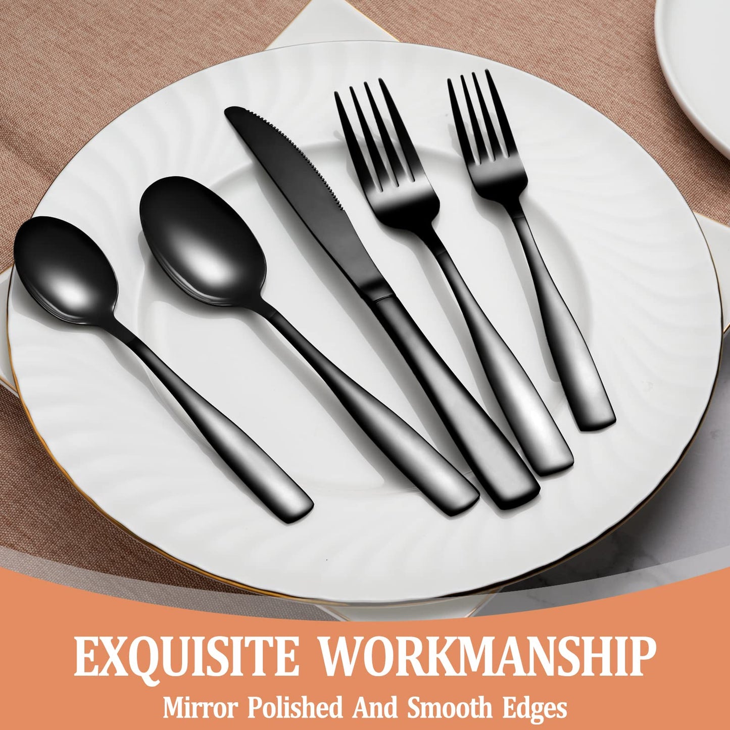 40 Pcs Black Silverware Set, Stainless Steel Flatware Set for 8, Food-Grade Cutlery Set, Mirror Polished Tableware Eating Utensils Set for Home Kitchen, Include Knife Fork Spoon Set, Dishwasher Safe