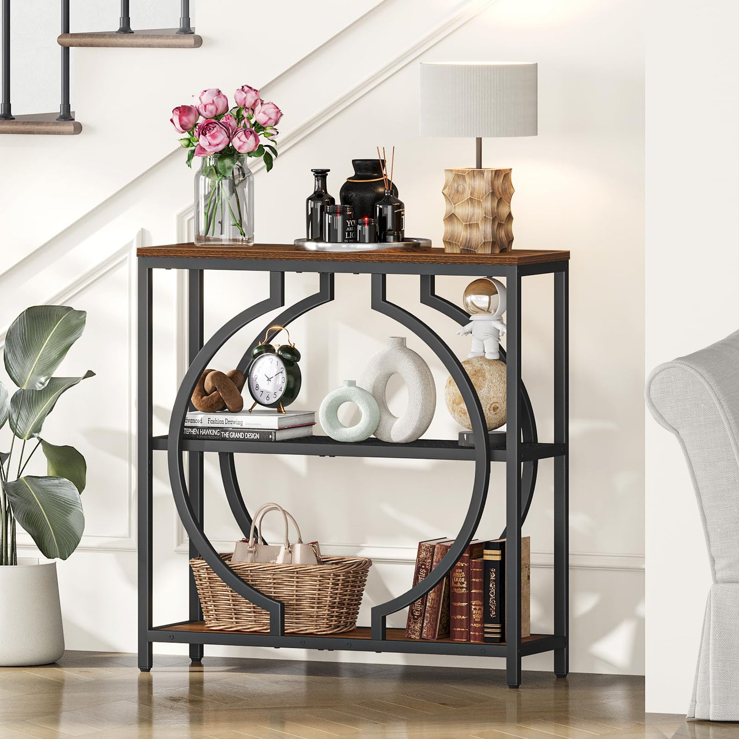 Snughome Entryway Table with 3 Tier Storage Shelves, Narrow Console Table Industrial Sofa Table with Circle Base, Behind The Couch Entrance Table for Hallway, Living Room, Foyer