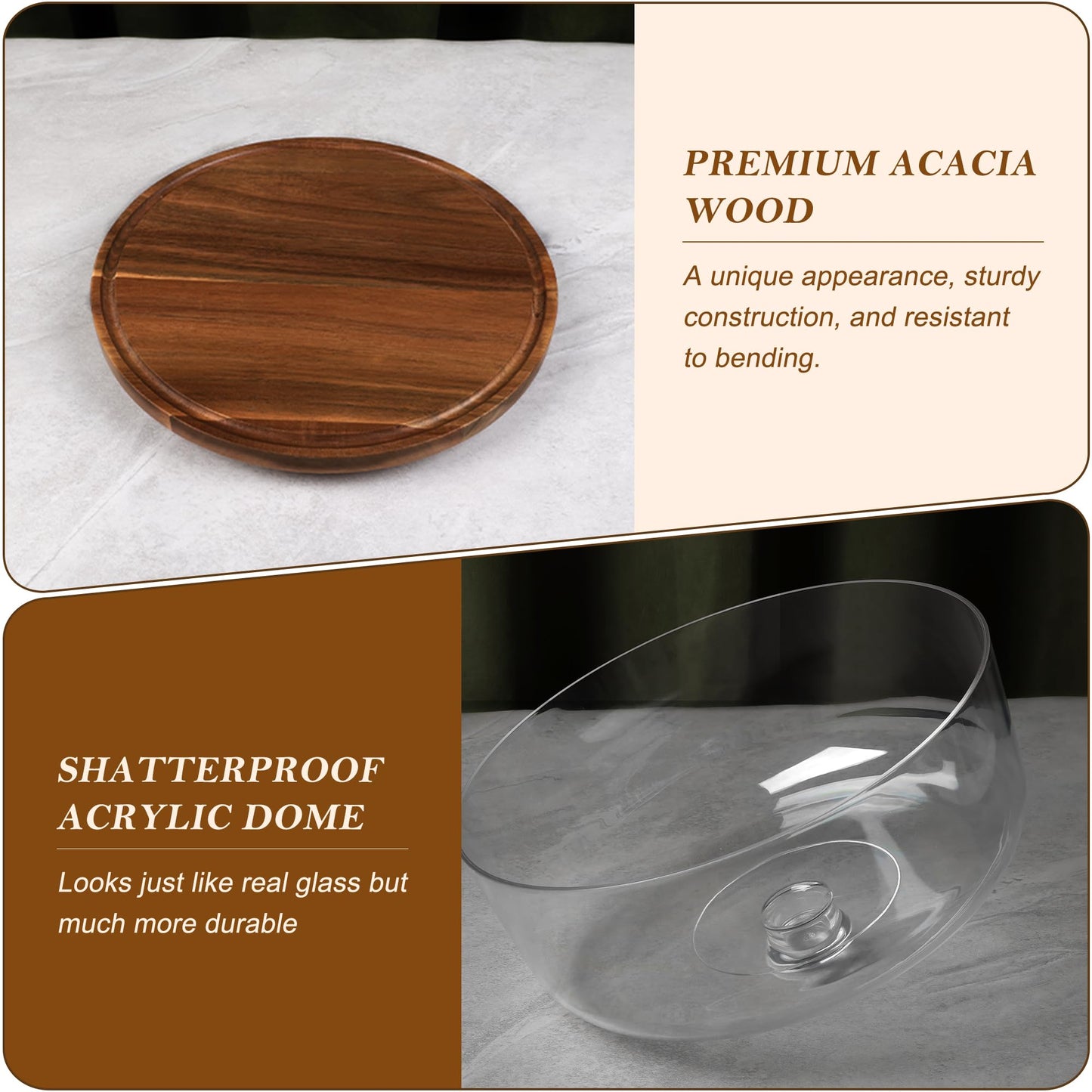 Bellsal Cake Stand with Dome Lid, 12in Acacia Wood Cake Plate with Cover, Wooden Cake Display Stand with Acrylic Dome, Cake Decorating for Baking Gift