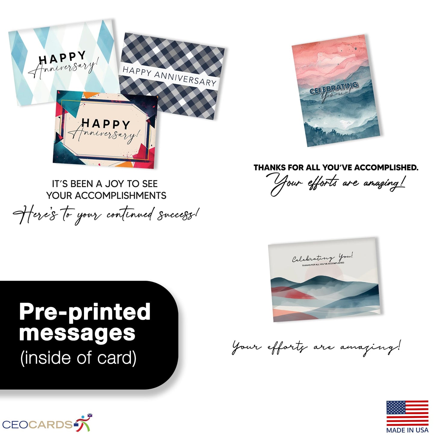 Work Anniversary Cards with Envelopes for Employees (25 Variety Assortment Pack – 5 Designs) Bulk Appreciation Greeting Card Set for Business - 5x7 Inch – Office, Work, Coworkers & Team (VP2413)