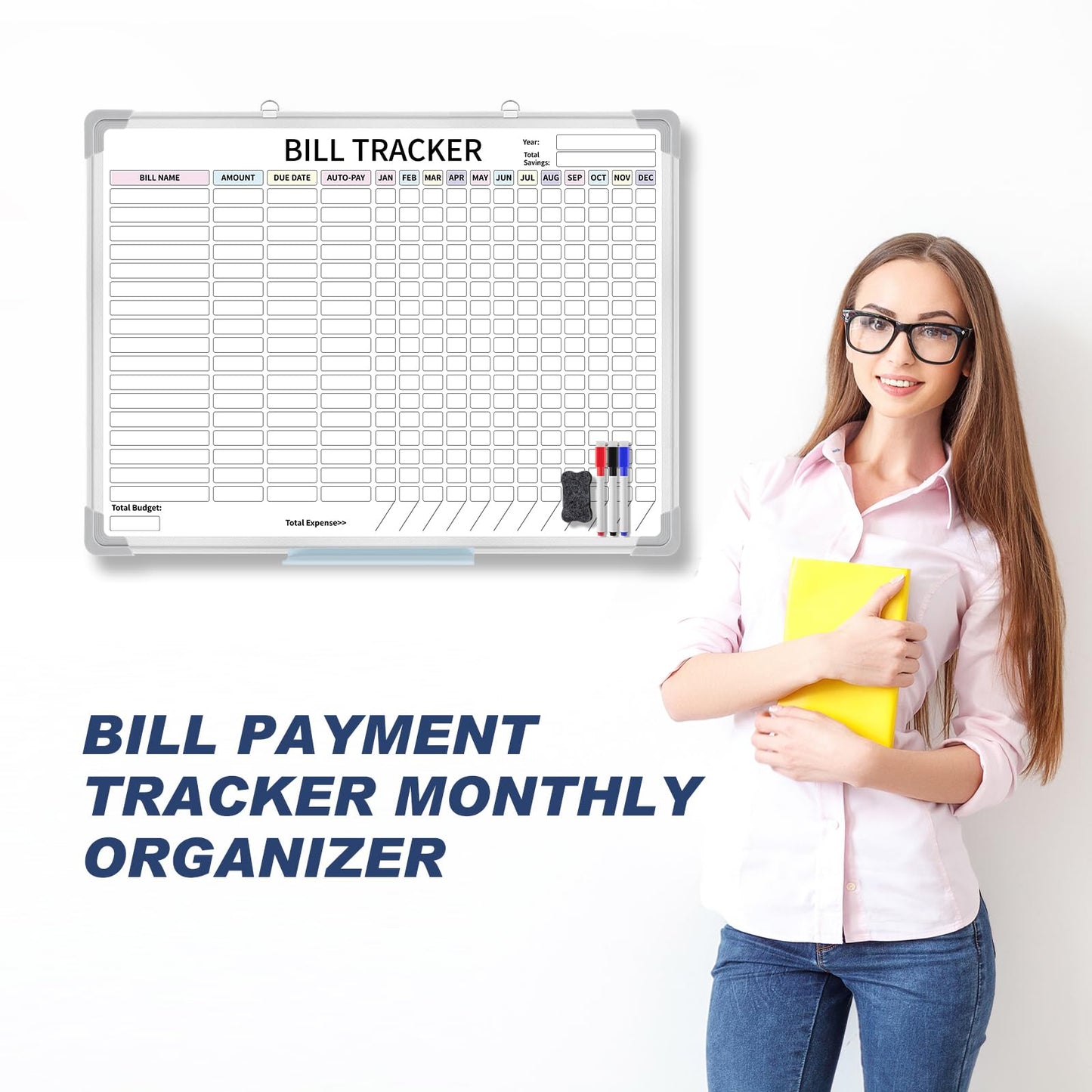 Feifeiya 24 x 18 Inch Monthly Bill Payment Tracker Organizer Whiteboard Aluminum Frame Wall Monthly Bill Payment Checklist Magnetic Dry Erase Board Planner for Personal Budgeting Financial(Classic)