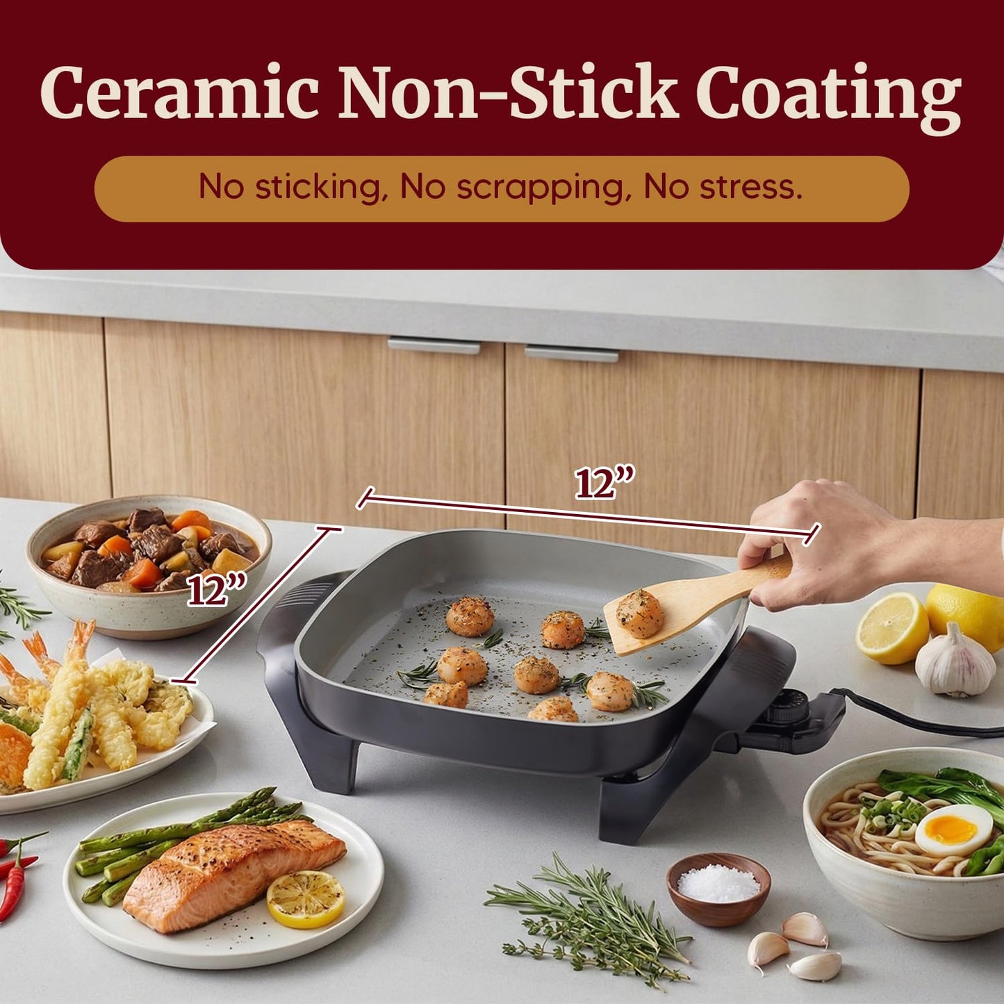 Elite Gourmet 12"x12"x2.15” Ceralast™ PFAS Free Ceramic Electric Skillet, Dishwasher Safe, Rapid Heat Up, 1200W, Dark Grey