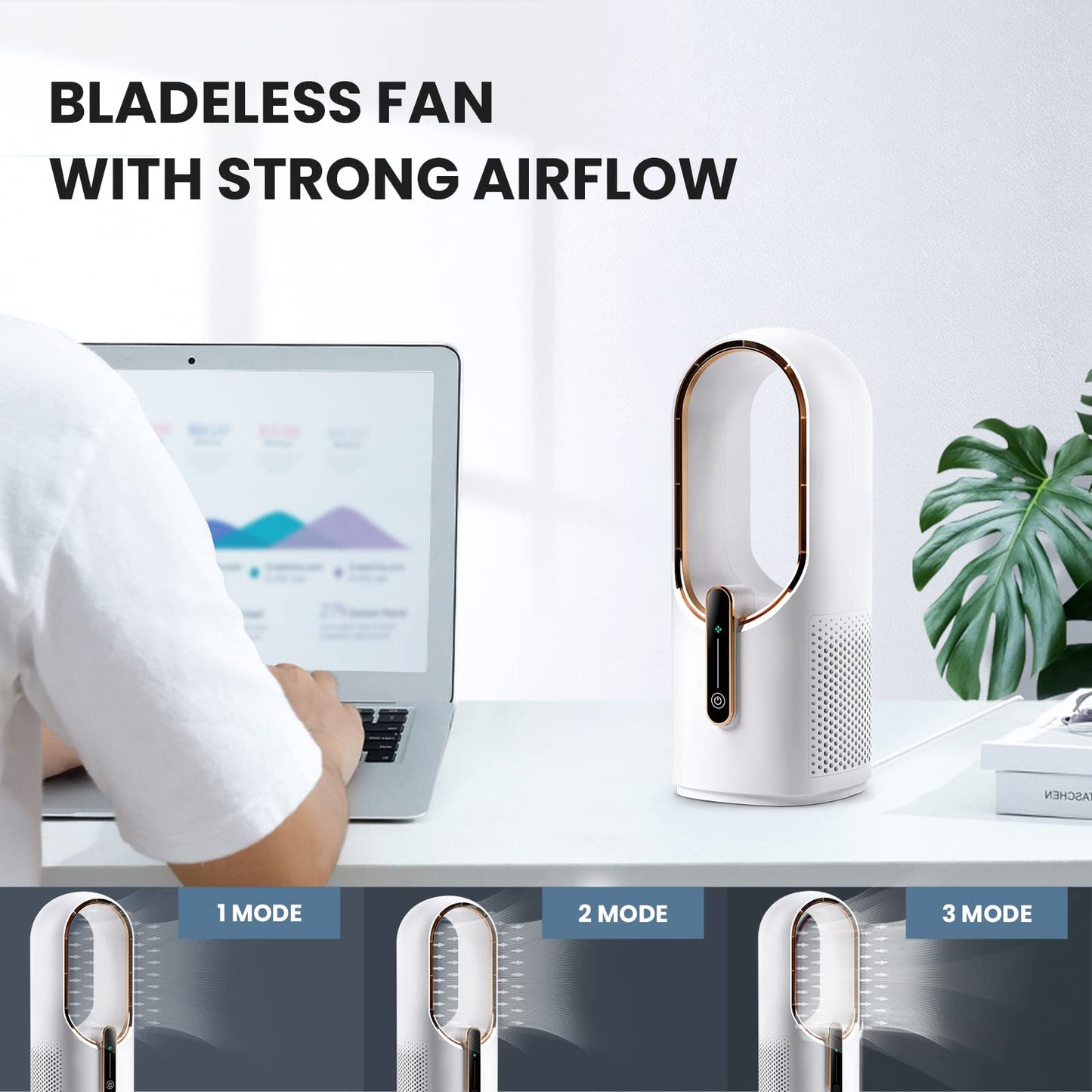 KONSIDEN Desk Fan Bladeless, 11.8 Inch Office Fan Small, Quiet, 3 Speed Adjustment, Touch Control, Easy to Clean, Desk Fans Small Quiet, Ideal for Office, Living Room, Bedroom