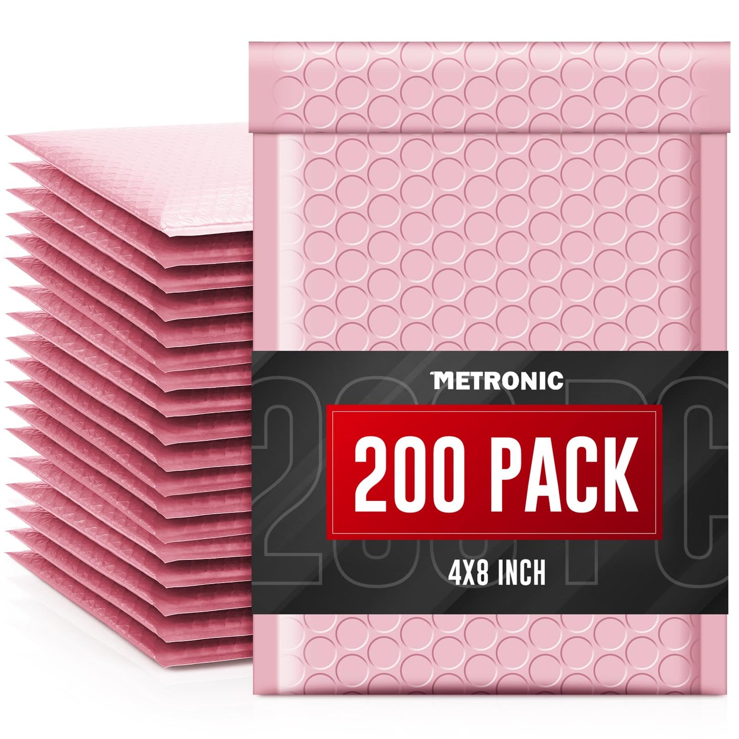 METRONIC 4x8 Bubble Mailers 200Pack, Waterproof Light Pink Padded Mailers, Self Seal Padded Envelope for Small Business Packaging Supplies Bubble Mailer Usable Size 4x7