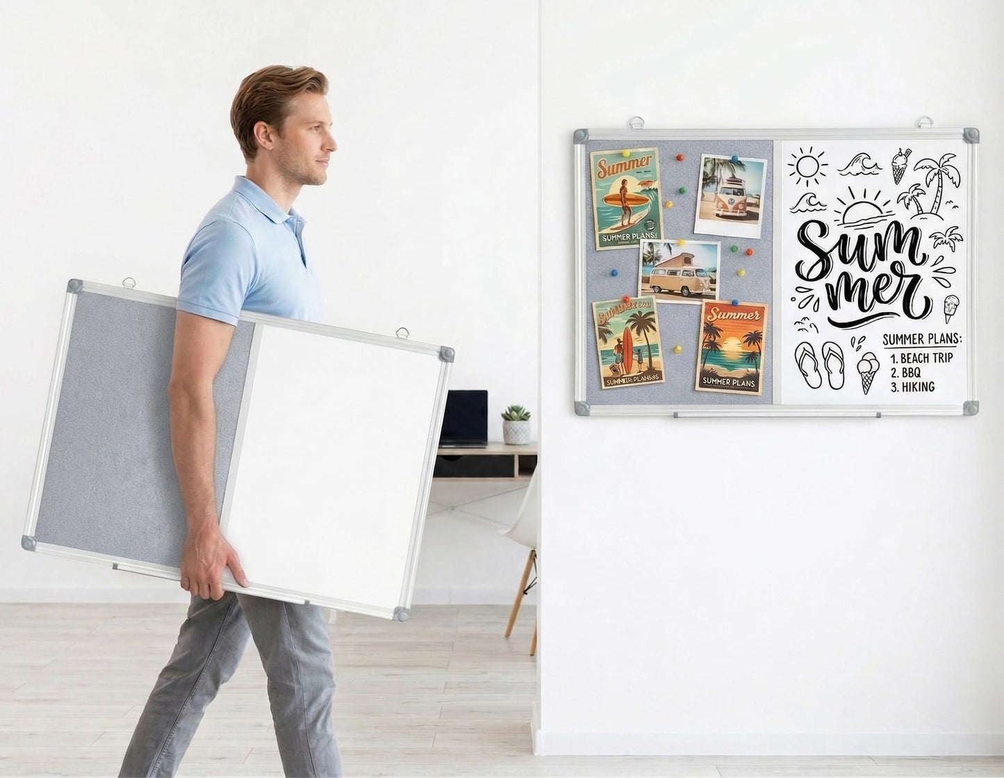 DexBoard Grey Bulletin Board and White Board Combo, 24 x 18 Inch Fabric Board, Magnetic Dry Erase Board & Corkboard for Wall, Vision Board for Home, Office, School