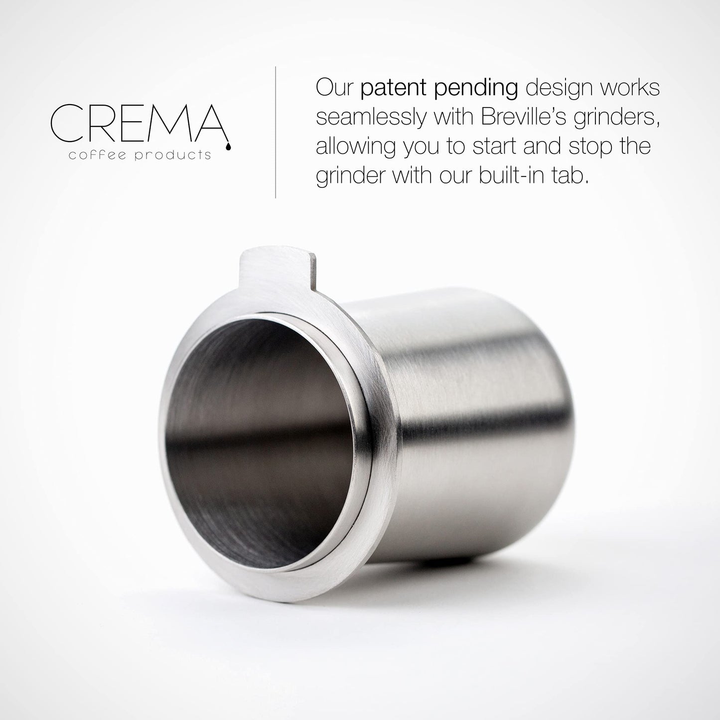 CREMA Coffee Products 54mm Dosing Cup | Compatible with any 54mm Portafilters | Durable 100% Stainless Steel | Built-In Grinder Tab for Easy Transfer | Brushed Silver Finish