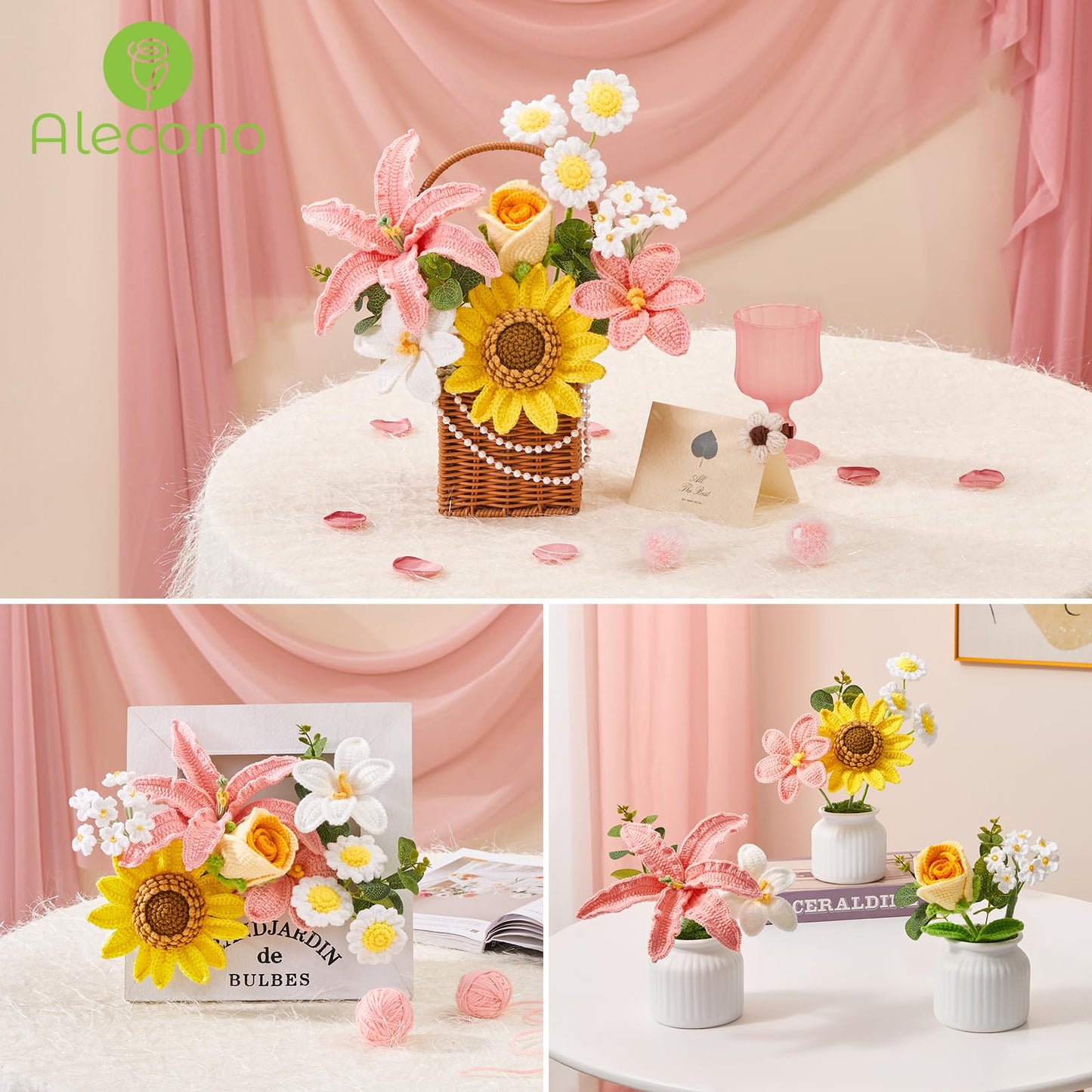Alecono Crochet Flower Bouquet, Pink Knitted Flowers, Large Handmade Crocheted Flower for Anniversary Party for Her (Include Card)